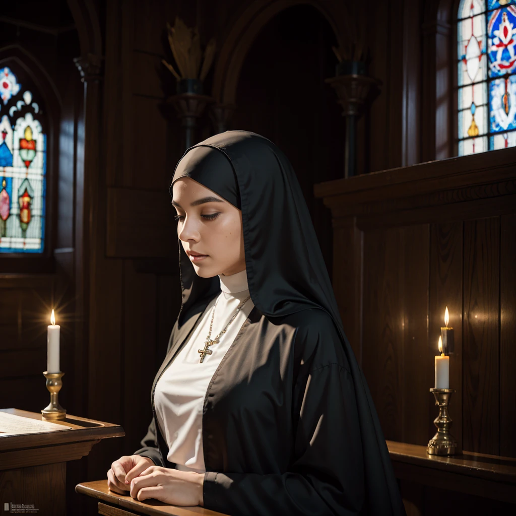 a nun, serene expression, black habit, head covering, rosary beads, peaceful atmosphere, candlelit room, religious devotion, stained glass windows, divine light, spiritual journey, quiet contemplation, faith, devotion, dedication, tranquility, simplicity, monastic life, religious vocation, sacredness