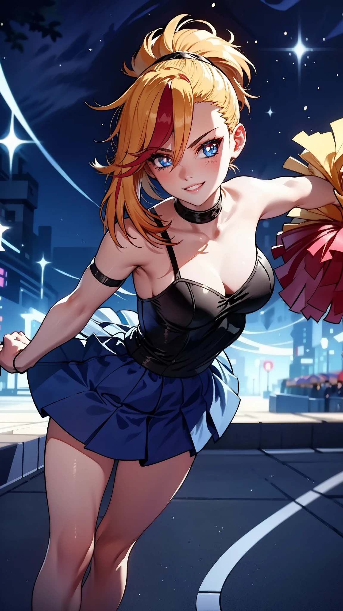 Cheerleader, cute woman, holding down a katana, big smile, expressive, simple nightscape, confident smile, ultra detailed face, better quality, perfect eyes Blue, glowing eyes, long eyelashes, sharp eyes, ultra detailed face, ultra long hair, ultra detailed hair, ultra detailed hair strands, catwalk, walking down the streets, night, starry Sky, ultra detailed lips, Red lips,