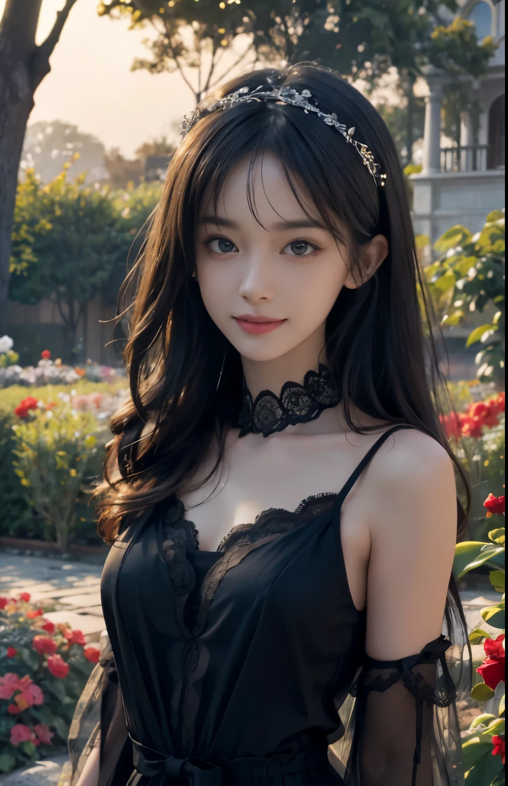 (ultra realistic) , (illustration), (increase resolution), (8K), (extremely detailed), (best illustration), (beautiful detailed eyes), (best quality), (ultra-detailed), (masterpiece), (wallpaper), (detailed face), 1 girl, black straight hair, slender body, delicate details, in the dark, deep shadow, low key, pureerosfaceace_v1, happy smile, summer dress, waterfall, rainforest