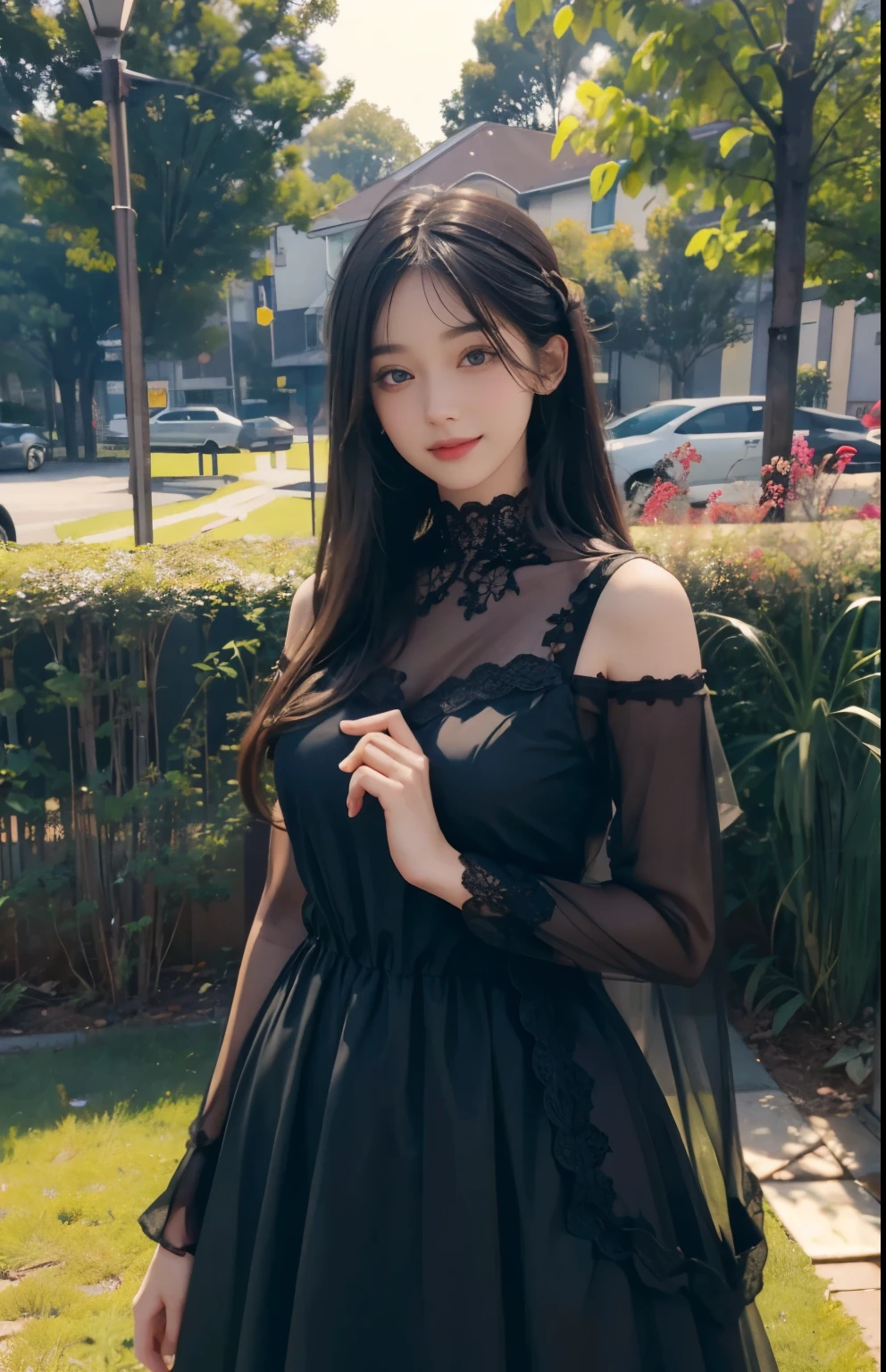 (ultra realistic) , (illustration), (increase resolution), (8K), (extremely detailed), (best illustration), (beautiful detailed eyes), (best quality), (ultra-detailed), (masterpiece), (wallpaper), (detailed face), solo,1 girl, looking at viewers, black straight hair, delicate details, in the dark, deep shadow, low key, pureerosfaceace_v1, happy smile, dark summer dress, full body, garden