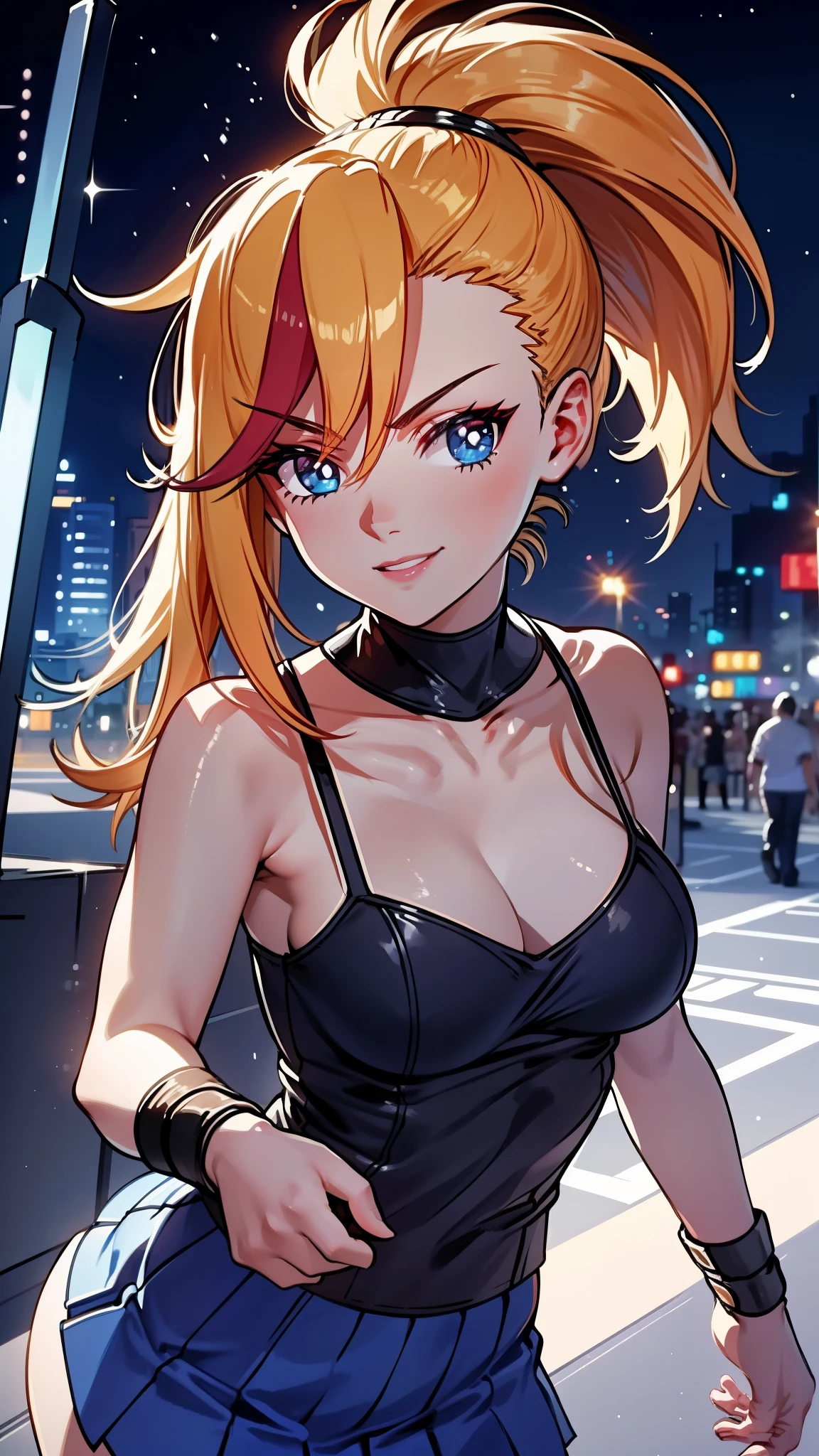 Cheerleader, cute woman, holding down a katana, big smile, expressive, simple nightscape, confident smile, ultra detailed face, better quality, perfect eyes Blue, glowing eyes, long eyelashes, sharp eyes, ultra detailed face, ultra long hair, ultra detailed hair, ultra detailed hair strands, catwalk, walking down the streets, night, starry Sky, ultra detailed lips, Red lips,