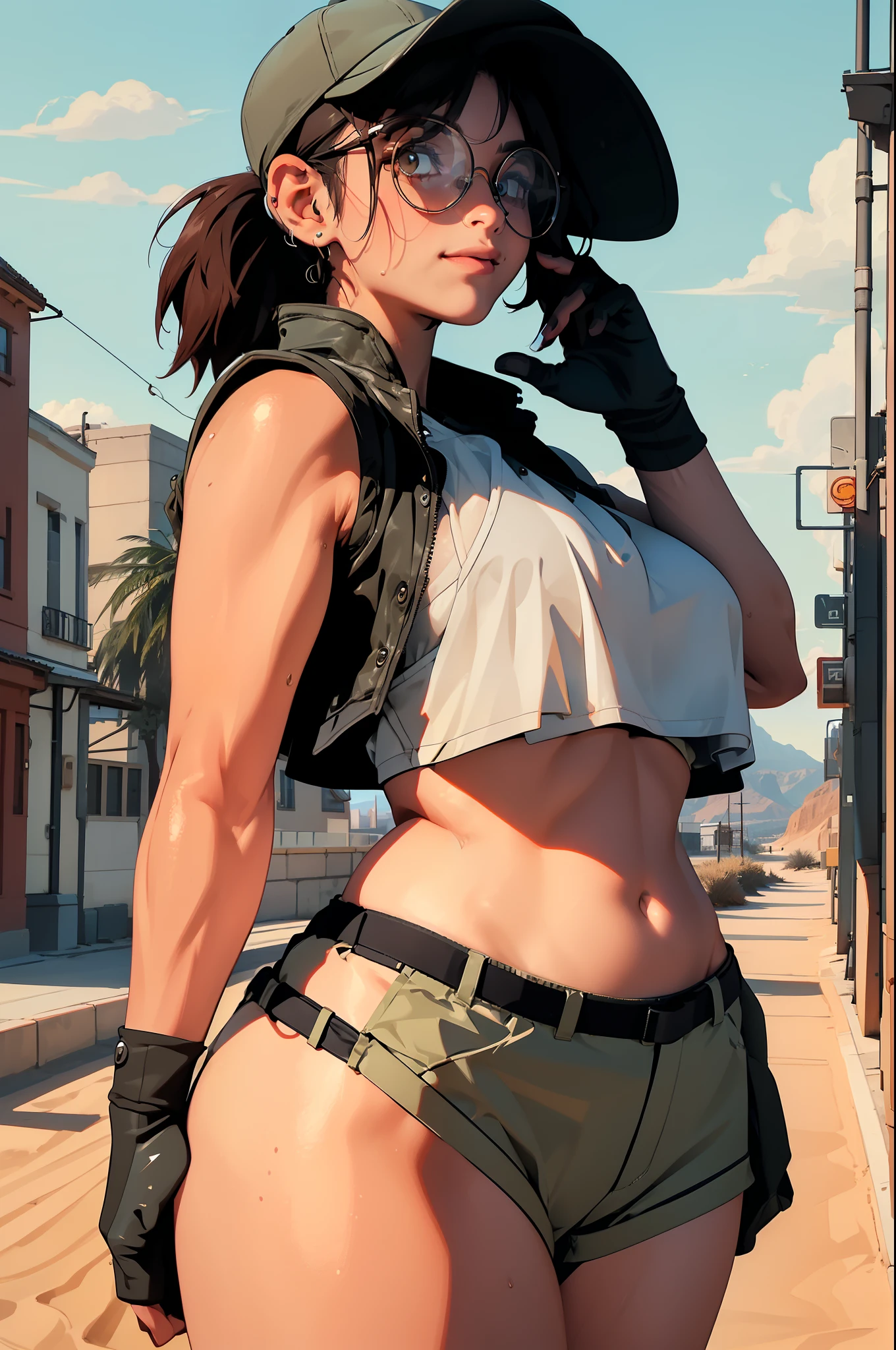 (FioGermiWaifu:1), 1girl, curvy, (shorts, crop top, gloves, round eyewear, vest, baseball cap), looking at viewer, cute pose, smile, desert background, :D, (masterpiece:1.2), (best quality, highest quality), (ultra detailed), (8k, 4k, intricate),(full-body-shot:1),(Cowboy-shot:1.2), (50mm), (highly detailed:1.2),(detailed face:1.2), detailed_eyes,(gradients),(ambient light:1.3),(cinematic composition:1.3),(HDR:1),Accent Lighting,extremely detailed CG unity 8k wallpaper,original, highres,(perfect_anatomy:1.2), solo, wide shot, nsfw, (detailed ladscape, city, street:1.2),(detailed background),(dynamic_angle:1.2), (dynamic_pose:1.2), (rule of third_composition:1.3), (dynamic_perspective:1.2), (dynamic_Line_of_action:1.2),