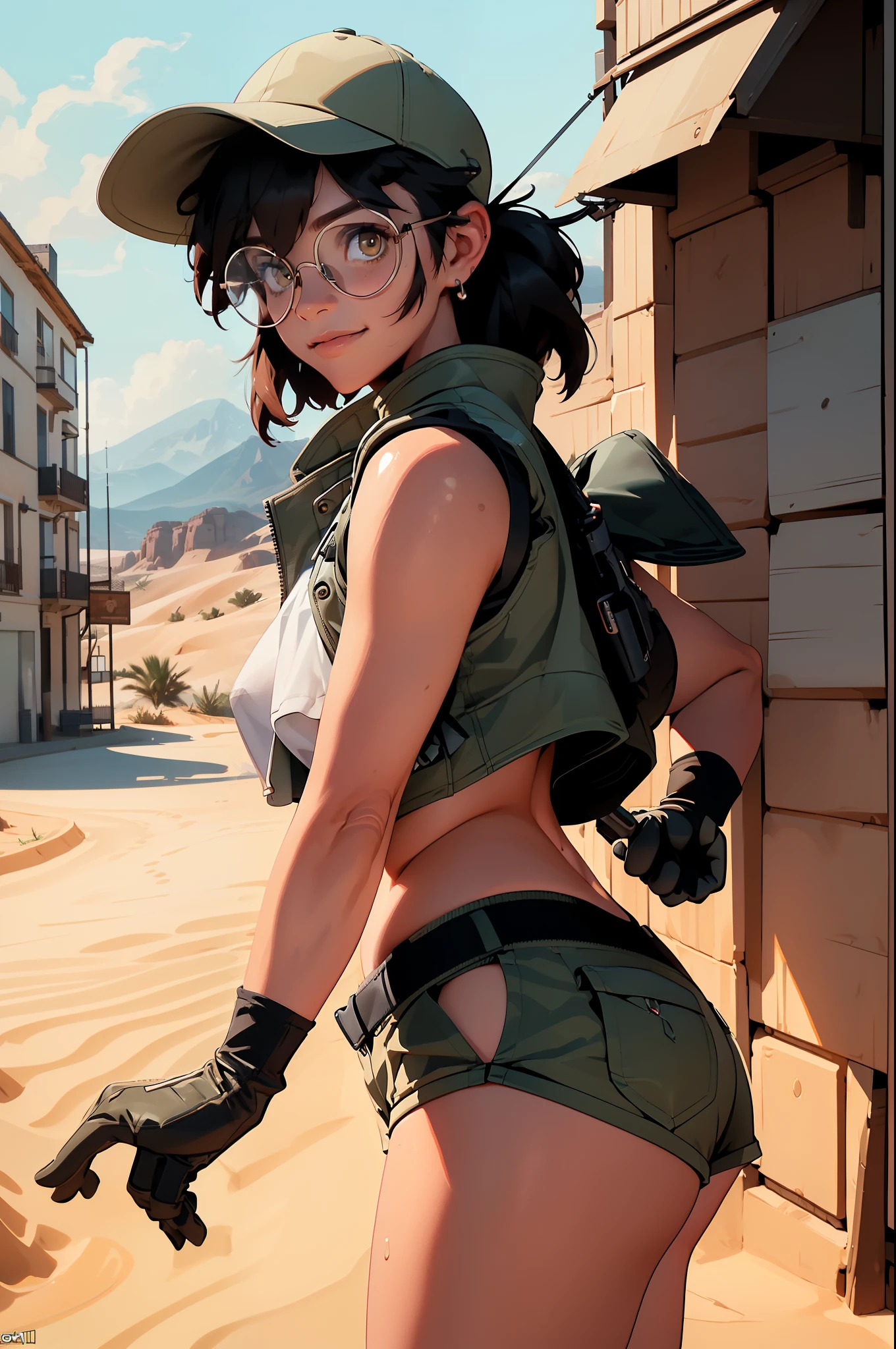 (FioGermiWaifu:1), 1girl, curvy, (shorts, crop top, gloves, round eyewear, vest, baseball cap), looking at viewer, cute pose, smile, desert background, :D, (masterpiece:1.2), (best quality, highest quality), (ultra detailed), (8k, 4k, intricate),(full-body-shot:1),(Cowboy-shot:1.2), (50mm), (highly detailed:1.2),(detailed face:1.2), detailed_eyes,(gradients),(ambient light:1.3),(cinematic composition:1.3),(HDR:1),Accent Lighting,extremely detailed CG unity 8k wallpaper,original, highres,(perfect_anatomy:1.2), solo, wide shot, nsfw, (detailed ladscape, city, street:1.2),(detailed background),(dynamic_angle:1.2), (dynamic_pose:1.2), (rule of third_composition:1.3), (dynamic_perspective:1.2), (dynamic_Line_of_action:1.2),