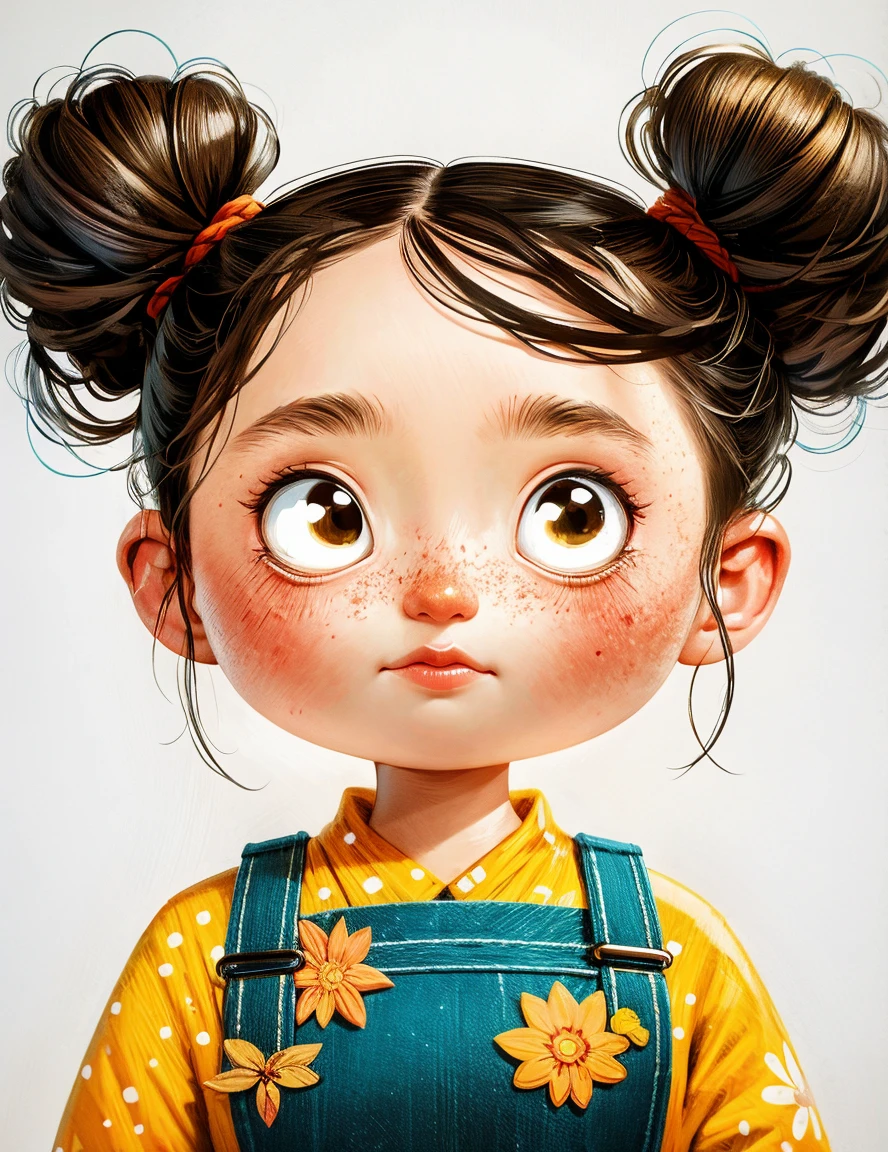 (masterpiece, best quality:1.2), number,cartoonish character design。1 girl, alone,big eyes,Cute expression,1 bun,Floral shirt,Overalls,hand,avatar,portrait,interesting,interesting,clean lines,Human anatomy is correct