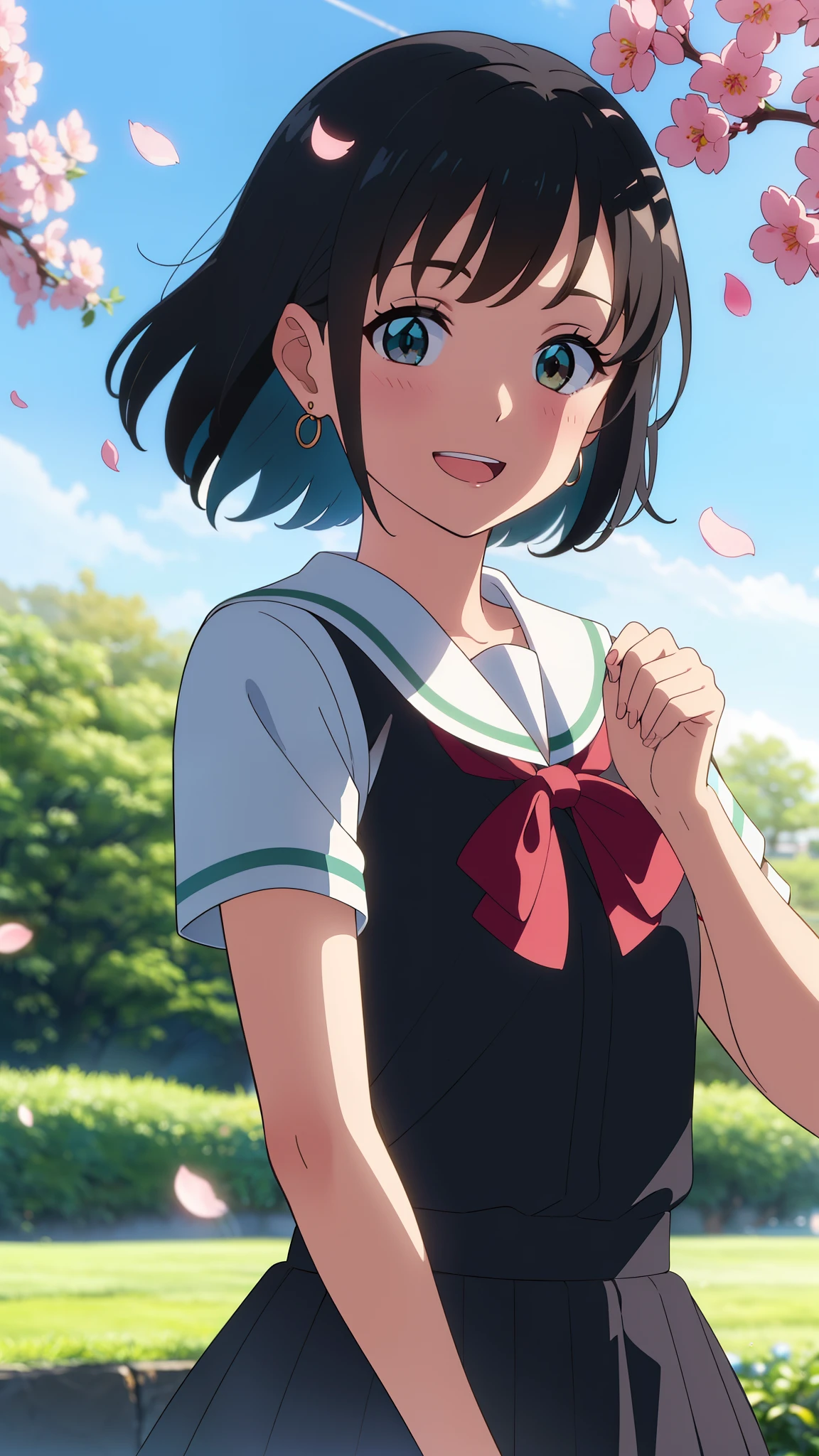 shinkai makoto, kimi no na wa., 1girl, bangs, black hair, blush, brown eyes, shiny skin, red headband, red bow, red ribbon, turquoise sailor collar, turquoise sailor color, turquoise skirt, short hair, smile, cute, solo, happy, open mouth, :D. beautiful, looking at the viewer, short sleeves, earrings, cherry_blossoms, falling_petals, petals, branch, pink_flower, blue_sky, sunlight, spring_season, wind, tree
