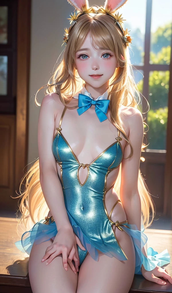 masterpiece, best quality, extremely detailed CG unity 8k wallpaper, (Upper Body head close-up shot of a beautiful ), , Elegant Long straight blonde hair, (Mckenna Grace), (flat chest,thighs), (Brown-blue) golden (Glittering tutu,long Bunny Ear Headgear, , Bow-tie, No panties, genitals visible), (spread legs), (Blush), oil skin, (seductive smile), (Wonderland), pretty face, key art, award winning, intricate detail realism hdr, by (ruan jia and artgerm and range murata), Photorealism, Hyperrealism, ultra realistic, dramatic light, intense shadows, gorgeous view, depth of field