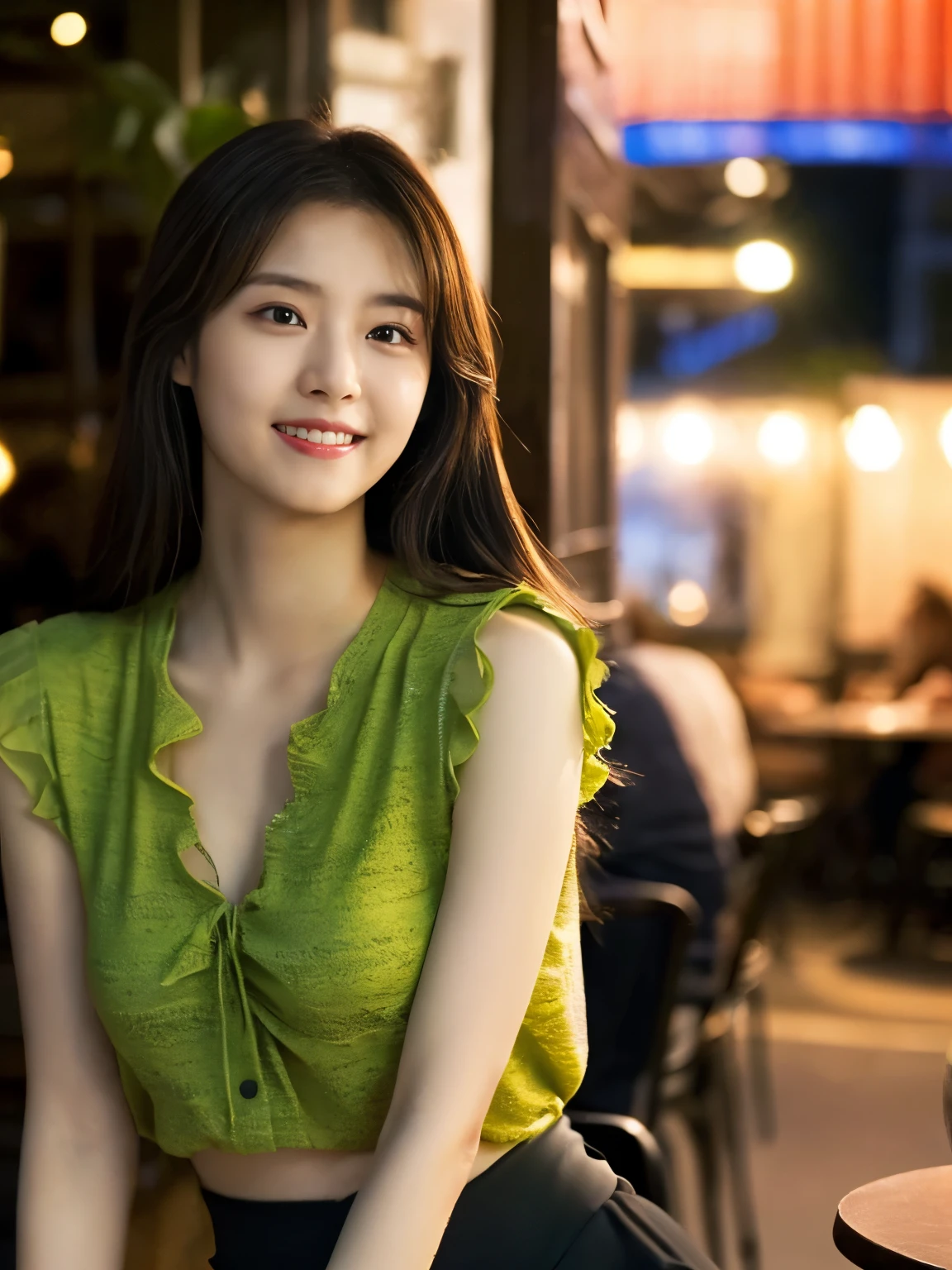 1 girl, (wearing a green blouse:1.2), black short skirt, Beautiful Japanese actress, (RAW photo, highest quality), (realistic, Photoreal:1.4), masterpiece, very delicate and beautiful, very detailed, 2K wallpaper, wonderful, finely, very detailed CG Unity 8k wallpaper, Super detailed, High resolution, soft light, beautiful detailed girl, very detailed目と顔, beautifully detailed nose, beautiful and detailed eyes, Long wave hair, cinematic lighting, break, (Against the backdrop of a outside the cafe terrace 1.3), city lights, perfect anatomy, slender body, smile, Face the front completely, (waist shot), (emphasize big breasts), (Random body direction),