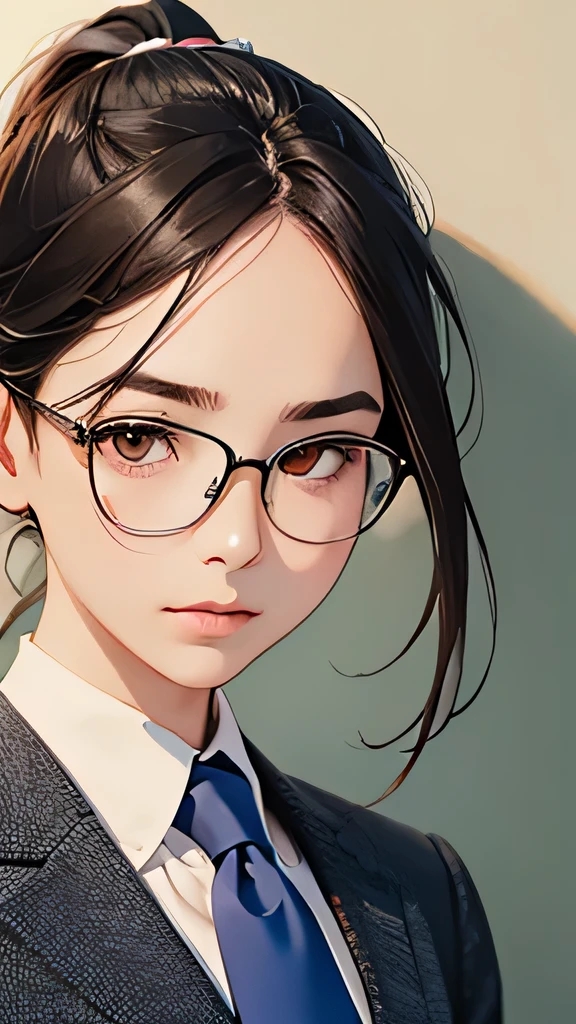 highest quality、realistic、Japanese、girl、zoom、look up、cute、orange eyes、ponytail、chestnut hair、all back、The forehead is out、classroom、gray blazer、white blouse、blue tie、glasses、close up face、slender、small breasts