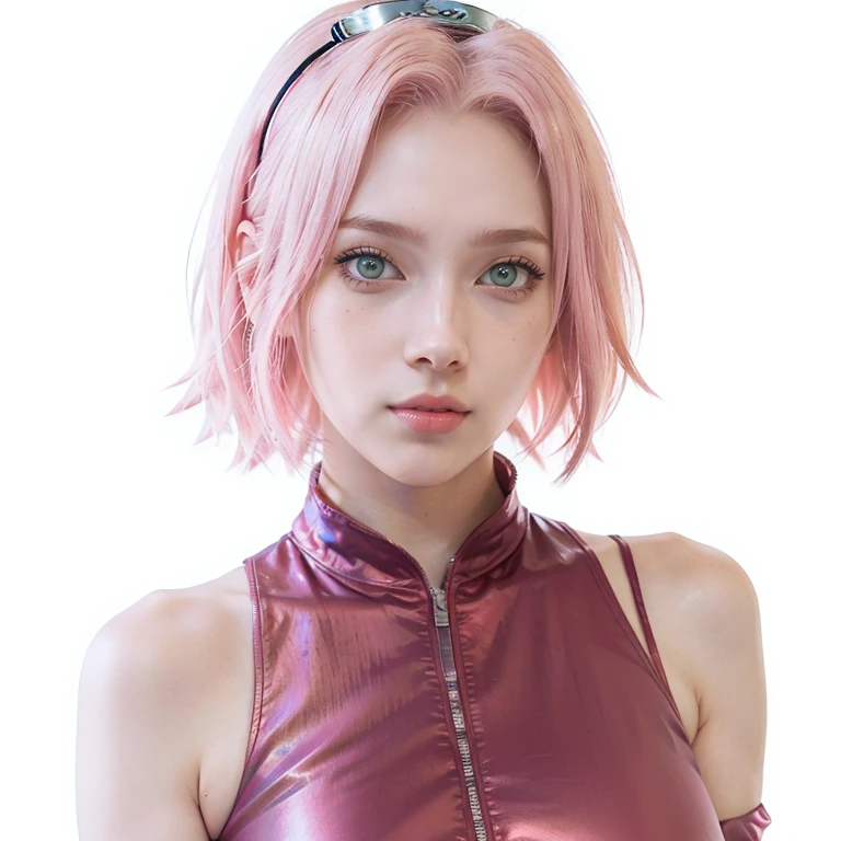 young woman, short shoulder-length pink hair, wide forehead, porcelain skin, pink eyebrows, big emerald green eyes, buttoned nose, full lips, heart-shaped face, slender body, small breasts, red tank top, Sakura Haruno , realistic, realism, details, 3d, well detailed
