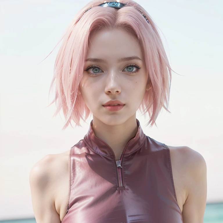 young woman, short shoulder-length pink hair, wide forehead, porcelain skin, pink eyebrows, big emerald green eyes, buttoned nose, full lips, heart-shaped face, slender body, small breasts, red tank top, Sakura Haruno , realistic, realism, details, 3d, well detailed
