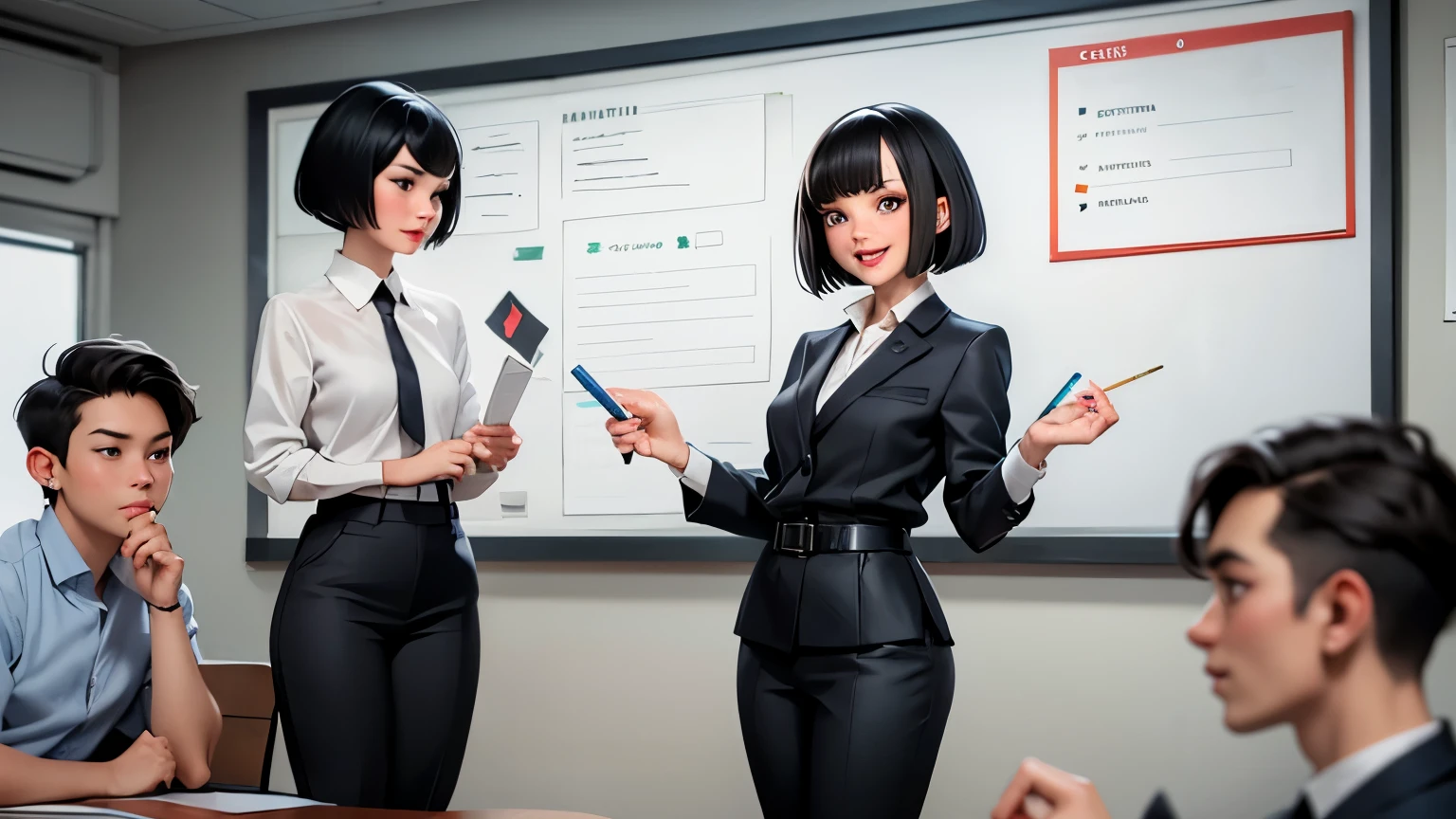 #6-4 A 25 years old caucasian woman with a cheerful smiling, sporting a black bob haircut, dressed in a short-sleeved, formal blouse paired with tailored trousers and high heels, small and discreet earrings complementing her small nose, is shown teaching a small group about the concept of the "Fun Hierarchy," with a whiteboard and a list written in this board