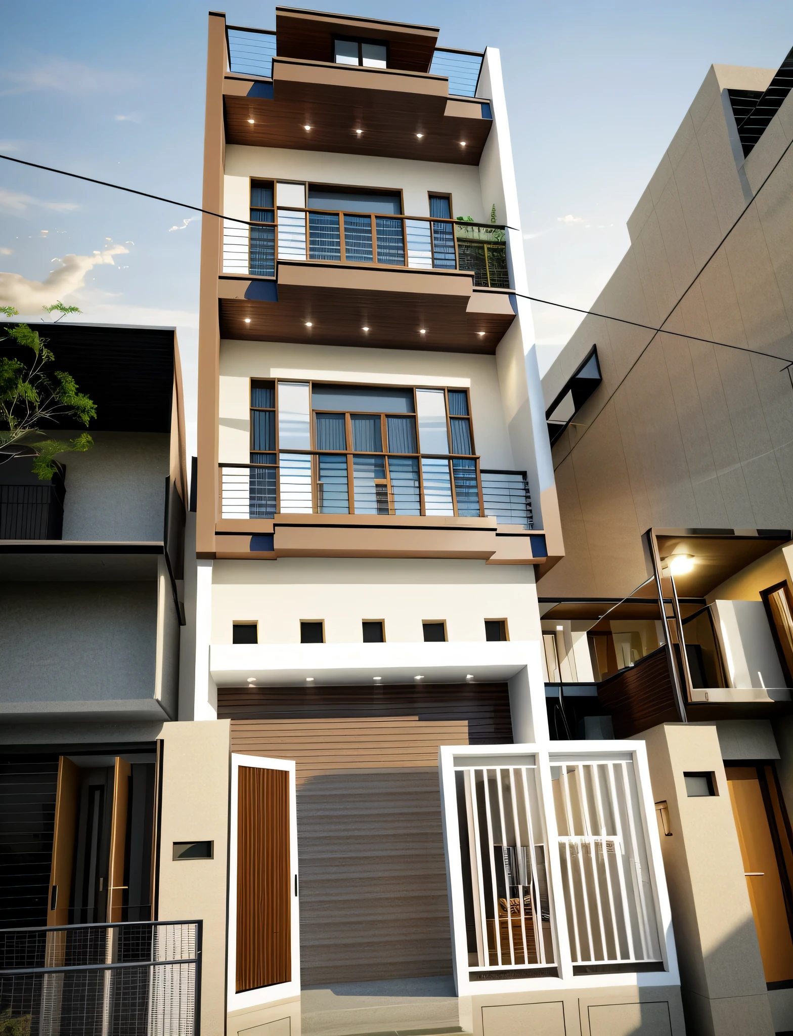 townhouse with bancony, white wall, glass rail, window, mental gate, ( realistic photo)