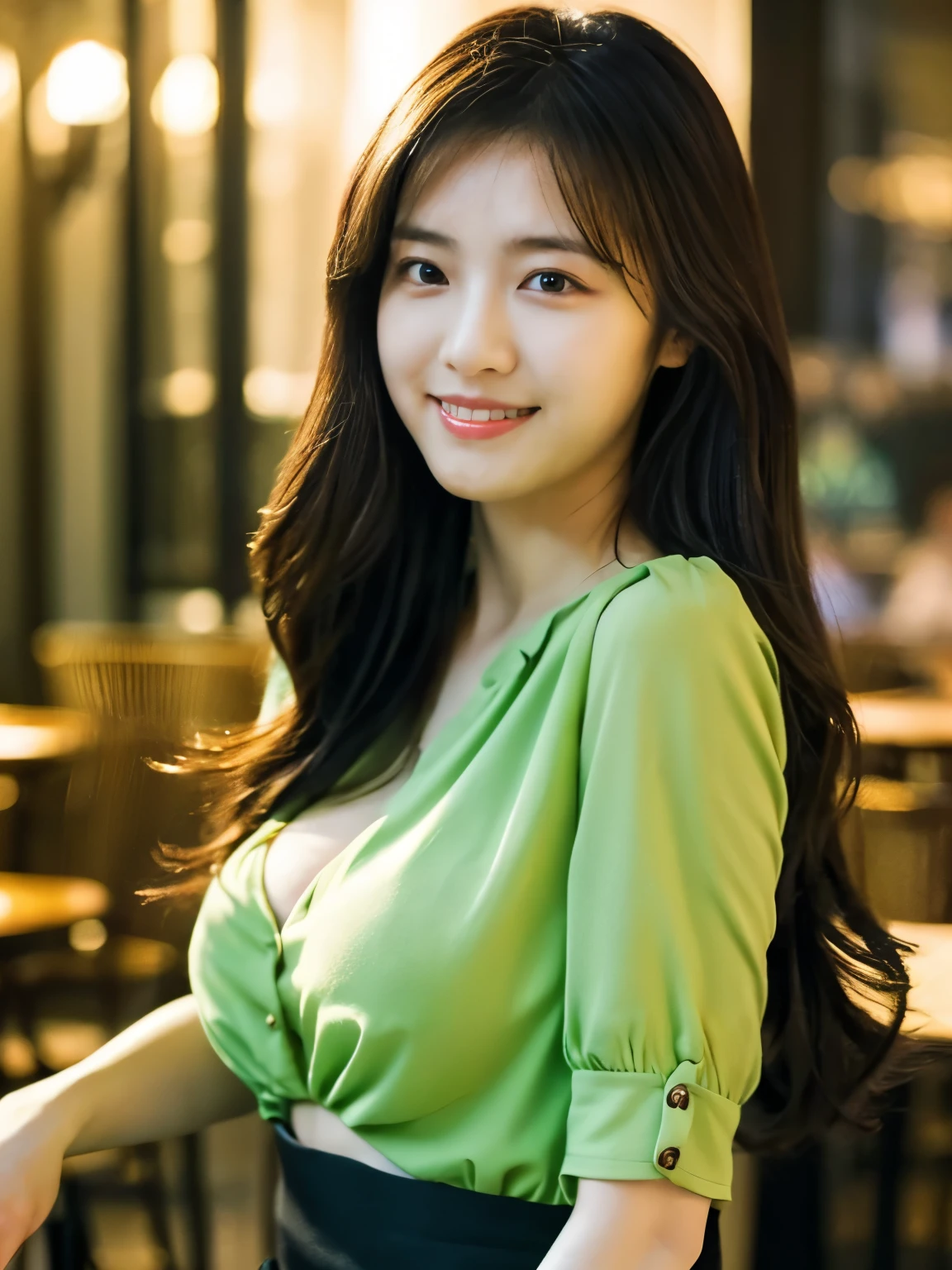 1 girl, (wearing a green blouse:1.2), black short skirt, Beautiful Japanese actress, (RAW photo, highest quality), (realistic, Photoreal:1.4), masterpiece, very delicate and beautiful, very detailed, 2K wallpaper, wonderful, finely, very detailed CG Unity 8k wallpaper, Super detailed, High resolution, soft light, beautiful detailed girl, very detailed目と顔, beautifully detailed nose, beautiful and detailed eyes, Long wave hair, cinematic lighting, break, (Against the backdrop of a outside the cafe terrace 1.3), city lights, perfect anatomy, slender body, smile, Face the front completely, (waist shot), (emphasize big breasts), (Random body direction),