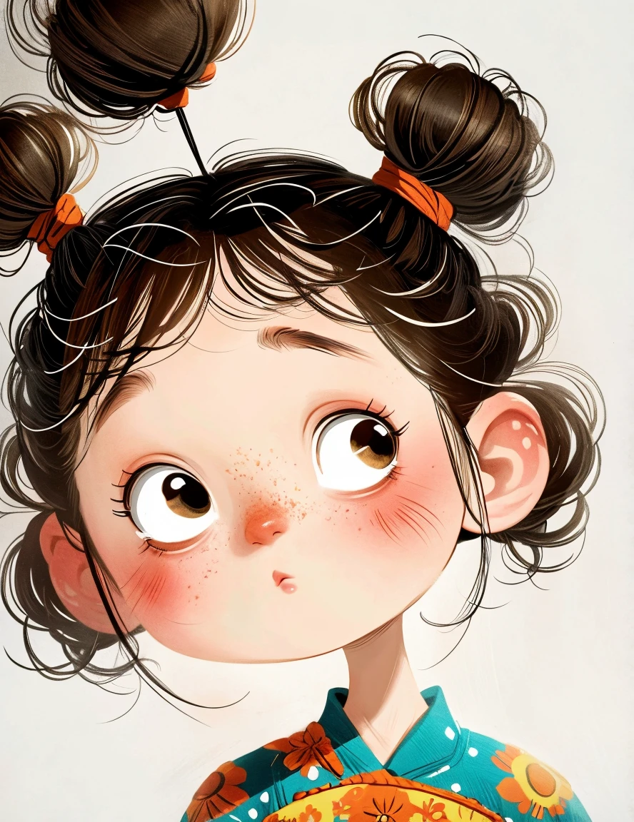 (masterpiece, best quality:1.2), number,cartoonish character design。1 girl, alone,big eyes,Cute expression,1 bun,Floral shirt,Overalls,hand,avatar,portrait,interesting,interesting,clean lines,Human anatomy is correct