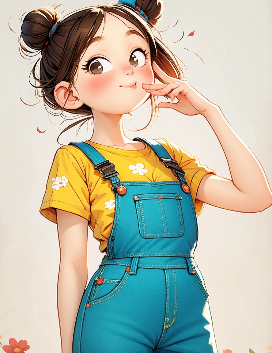 (masterpiece, best quality:1.2), number，cartoonish character design。1 girl, alone，big eyes，Cute expression，1 bun，Floral shirt，Overalls，hand，avatar，portrait，interesting，interesting，clean lines，Human anatomy is correct
