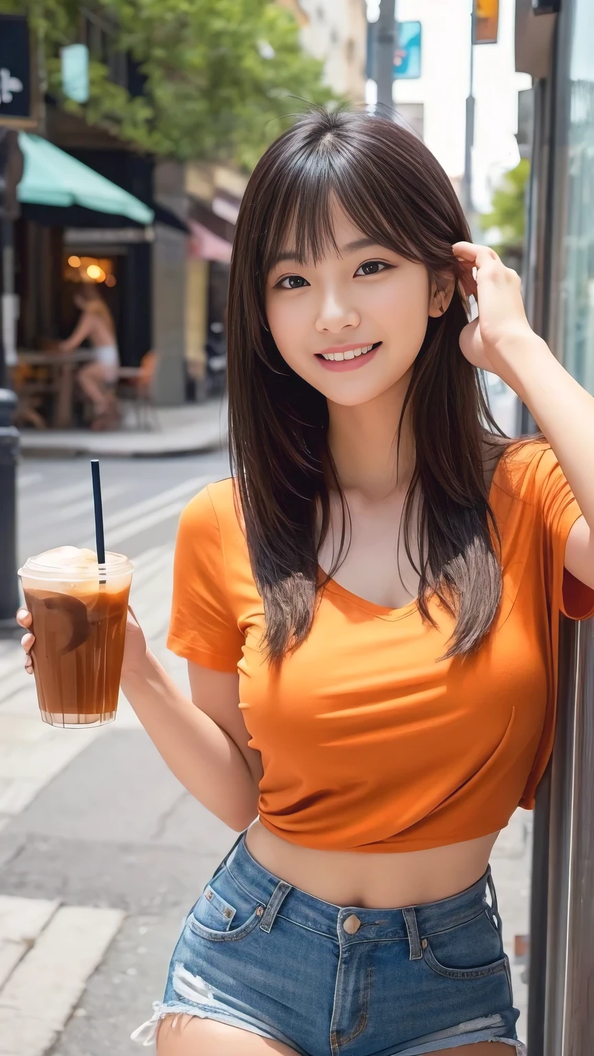 realistic, (Maxim cover model), Cover model in progress, (Orange short-sleeved t-shirt that goes up below the chest), very cool outfit, (Shorter White Tight Butt Hotpants), sexy very big tits、(No Braza), clear chest frame, The chest flows down due to gravity.., A 20-year-old beautiful woman with a sexy and cute appearance and cute whole body., beautiful and sexy face、A strong wind blows my bangs、Beautiful long black hair and cute and sexy eyes hidden behind bangs, laugh, happy expression, The background is a cafe, (Posing to drink coffee in hand), straw, Drinking iced Americano., ((start from below)), Looking straight at the camera, Showing delicate pussy, very erotic pose, woman who wants to have sex, she is waiting for you.