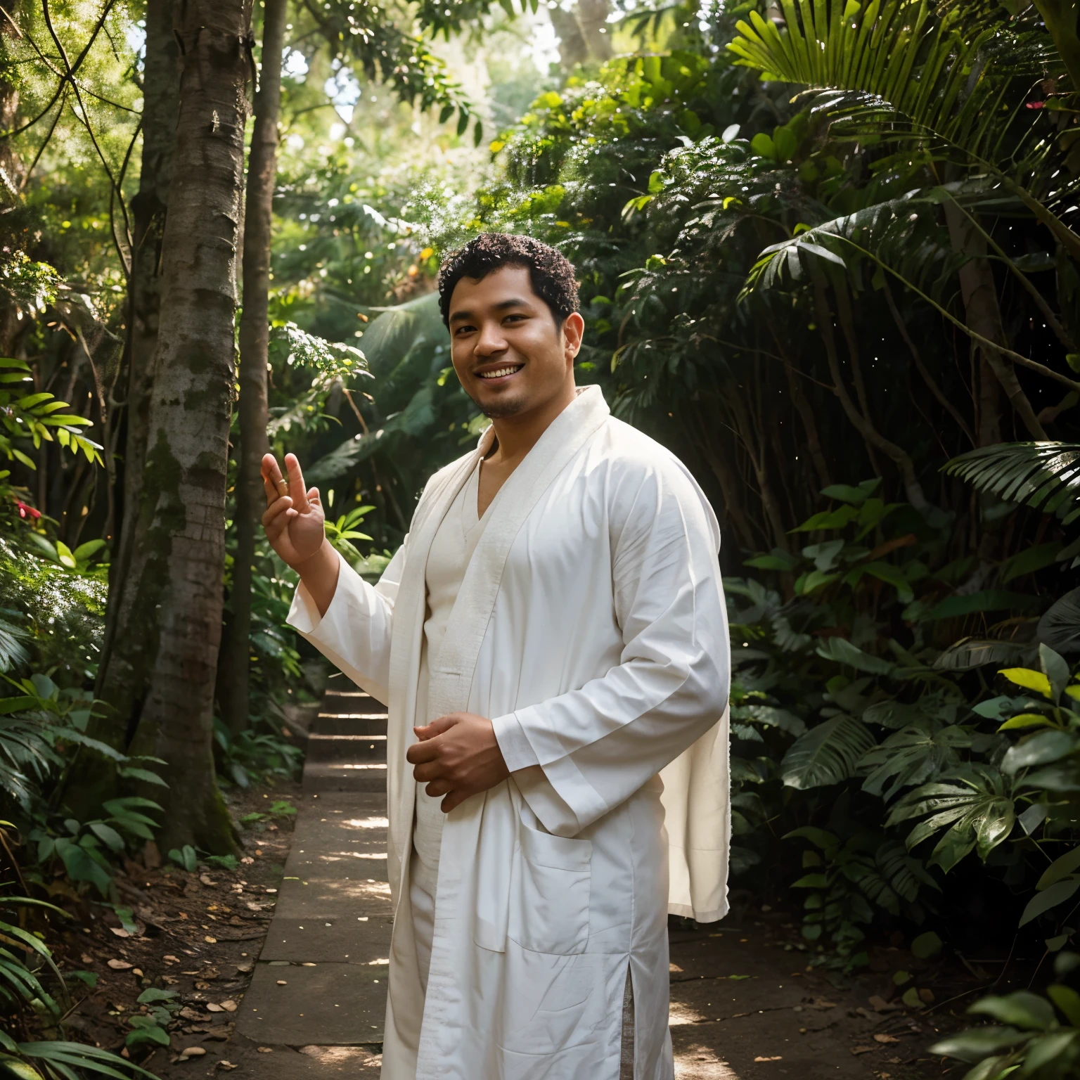 a 34 year old Indonesian man, slightly fat body, very curly hair, wearing a white Muslim robe, he waves his hand with a smile as if he wants to go far away, background of a path in the forest between lush trees, realistic photo, high detail, lighting aesthetic, light highlights the man, long distance photo, portrait