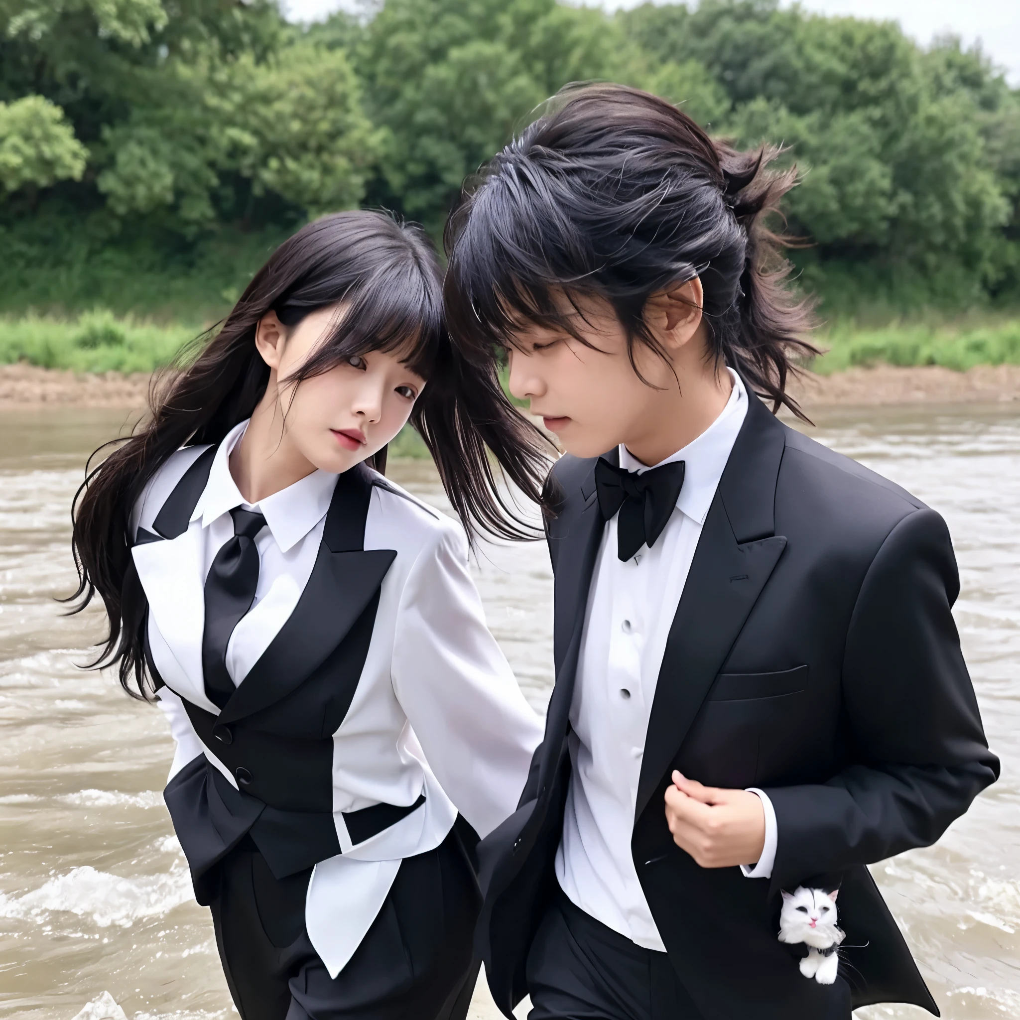 me and my crush walking in river My tuxedo cat is with us, then his hair is like a mullet, then his hair is up to his nape, then he has bangs