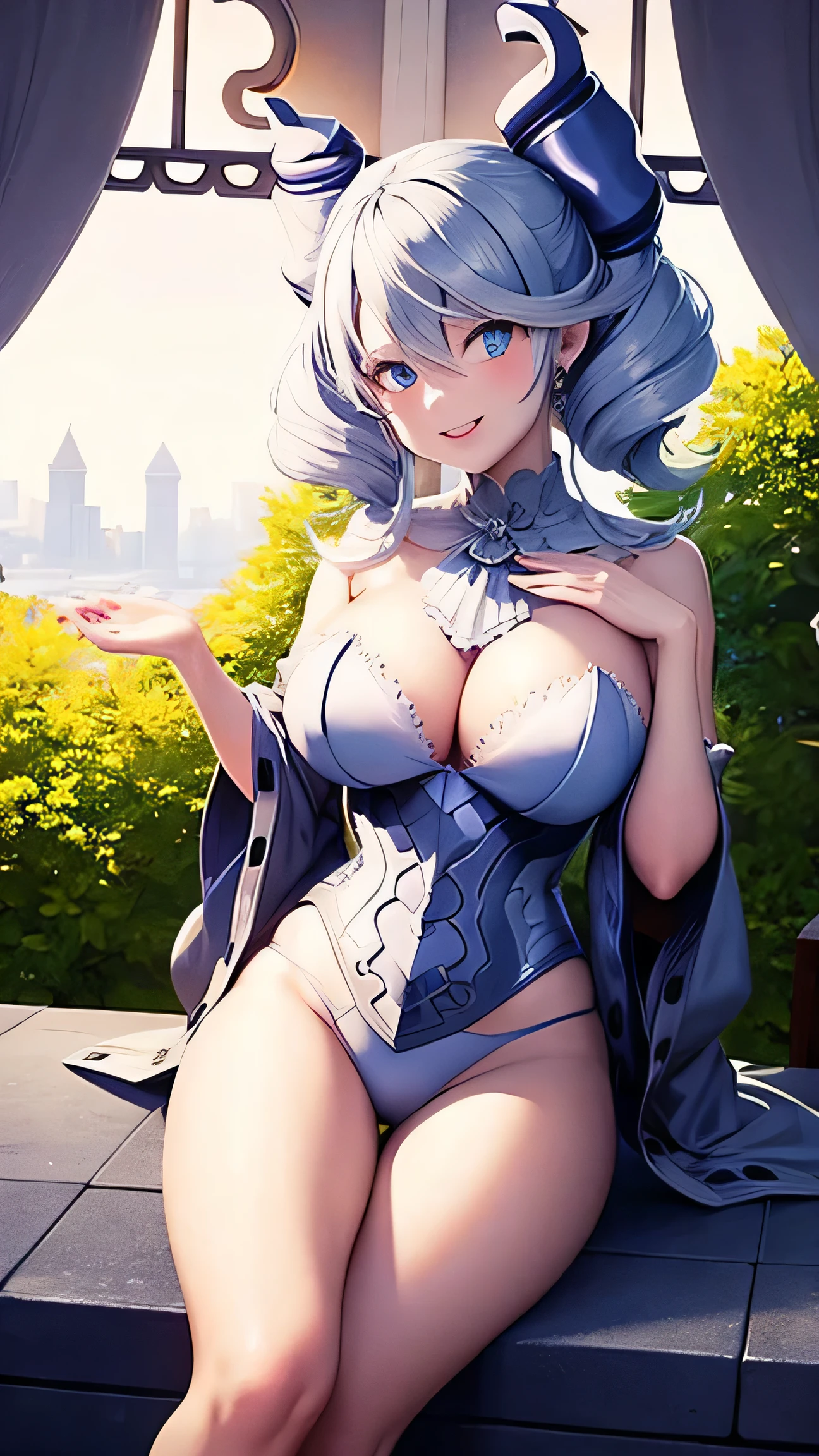 Lady Labrynth, large breast, blue eye, glowing, glowing eyes, happy) (digital) (crossed legs style in detailed ) , best quality, masterpiece, looking at viewer, smile, shenhedef, shenhernd