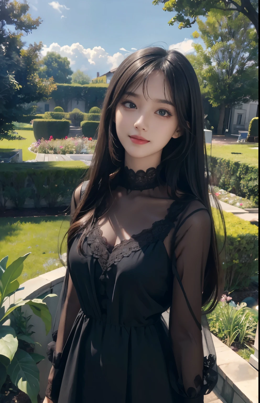(ultra realistic) , (illustration), (increase resolution), (8K), (extremely detailed), (best illustration), (beautiful detailed eyes), (best quality), (ultra-detailed), (masterpiece),  (wallpaper), (detailed face), solo,1 girl, looking at viewers, black straight hair, delicate details,  in the dark, deep shadow, low key, pureerosfaceace_v1, happy smile, dark summer dress, full body, garden