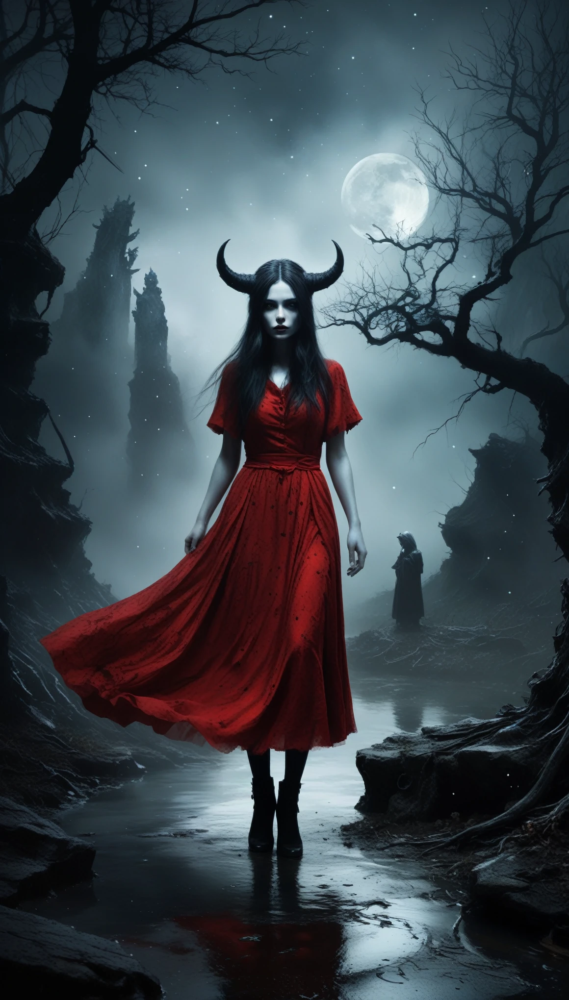 (orc:1.5),(devil theme:1.5),(dark horror theme:1.5),(thriller:1.5),(inspiration from Stephen King:1.5),(dark fantasy:1.5), (ink and watercolor painting:1.5), (black and white color:1.5), (ominous landscapes:1.5),(A large number of stars fly towards the viewer:1.5),(ruined:1.5),(ruined village:1.5),(1800s:1.5), (ruined theme:1.5),(lots of flying dust:1.5),(puddle:1.5),(Unpaved roads:1.5),(absurderes:1.5),(fantastic:1.5),(best quality:1.5),(masterpiece:1.5),full body length,Quartz Lepidolite babygirl in red dress,pretty face,eyebrow up,full body shot,ominous landscape,Fluorite chrysocolla atmosphere,by art Simon Stalenhag,Nicola Samori,(((Wangechi Mutu))),prime colors,urban,extremely detailed,masterpiece,intricate details,faded,eyes extremely detailed, high detailed eyes,4k resolution,RAW, Nikon Z9,scary town,full body length,evil ghost, Winnie-the-Pooh Iridescent,intricate details,Stone Forest in Yunnan Province of China,ultra-detailed, realistic,, dark and eerie atmosphere, ethereal presence, hauntingly beautiful, ghostly figures, swirling mists, supernatural entities, demonic essence, shadowy forms, eerie whispers, sinister aura, hauntingly pale skin, dark and twisted branches, flickering candlelight, macabre elements, mysterious and enigmatic, spectral apparitions, gothic art style, hauntingly captivating, spectral realm, hauntingly melancholic, otherworldly beauty, ethereal glow, hauntingly haunting, chilling and atmospheric, eerie and ominous lighting.