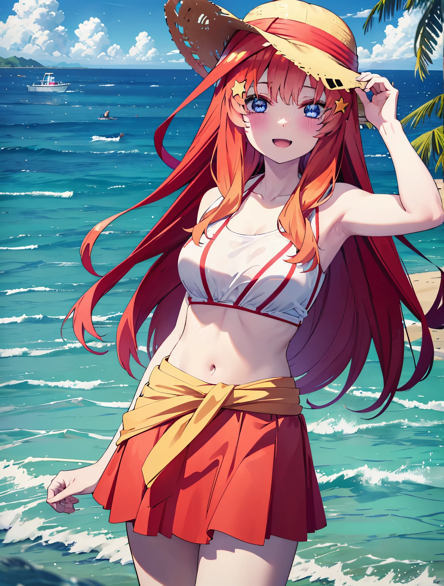 itsukinakano, itsuki nakano, bangs, blue eyes, hair between eyes, Ahoge, redhead, star \(symbol\), hair ornaments, star hair ornaments,happy smile, smile, open your mouth,skirt,big straw hat,Red Bikini Swimsuit,naked belly,A pale red blanket is wrapped around his waist.., (beach salon),  big breasts,((salon)), beach outfit,real summer,Palm tree,
break outdoors, beach,
break looking at viewer, (cowboy shot:1.5),
break (masterpiece:1.2), highest quality, High resolution, unity 8k wallpaper, (shape:0.8), (fine and beautiful eyes:1.6), highly detailed face, perfect lighting, Very detailed CG, (perfect hands, perfect anatomy),