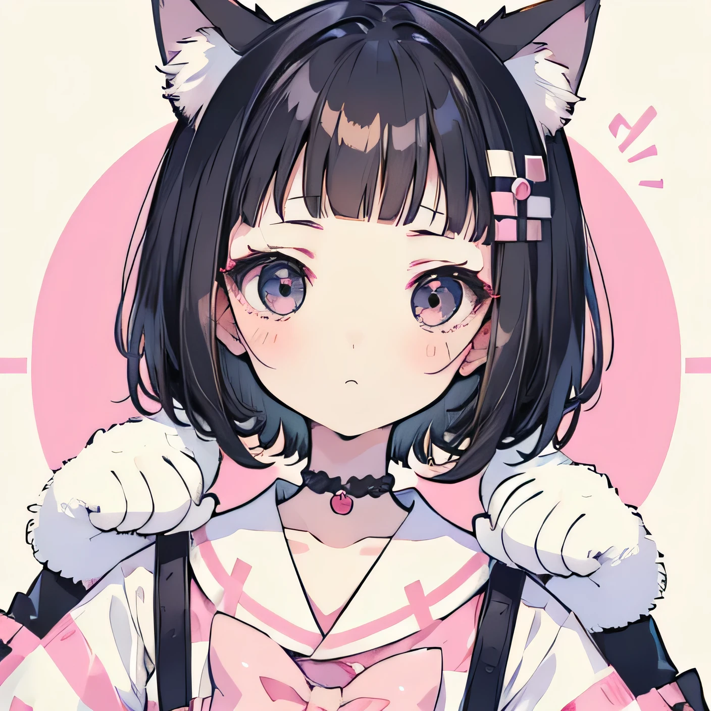 Girly girl, flat, harajuku, posing, black hair, innocent, face focus, face close-up, very short bangs, cute, white background, short hair, furry, neko girl, paws, adorable, kitty girl, claws, black eyes 