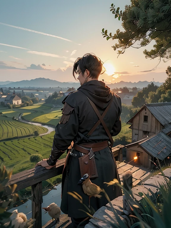 Cartoon style pictures ,(Europe),(Shooting from above),man,midnight,Overall black tone,farmer装束,rags, Medieval dilapidated countryside village,farmland,river,torch,horse,farmer,Chicken and duck,sheep,ox,companion,Soldier,laboeld,farming,(Hood,In the shadows,Faceless,健壮的man, strong, shabby),dynamic poses, ((Turn your back to the camera,look into the distance,not looking at camera)),