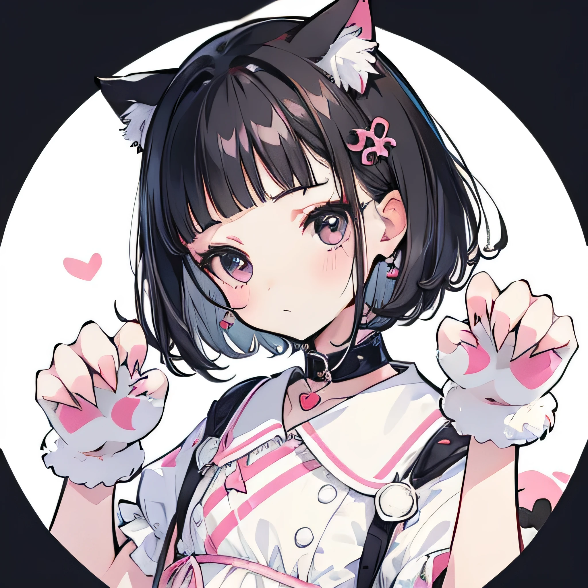 Girly girl, flat, harajuku, posing, black hair, innocent, face focus, face close-up, very short bangs, cute, white background, short hair, furry, neko girl, paws, adorable, kitty girl, claws, black eyes 