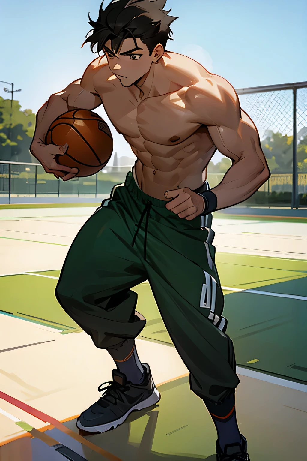 shirtless super muscular sweat-drenched 23-year old short black hair handsome caucasian male, camou pants, rubber shoes, basketball court in an outdoor setting