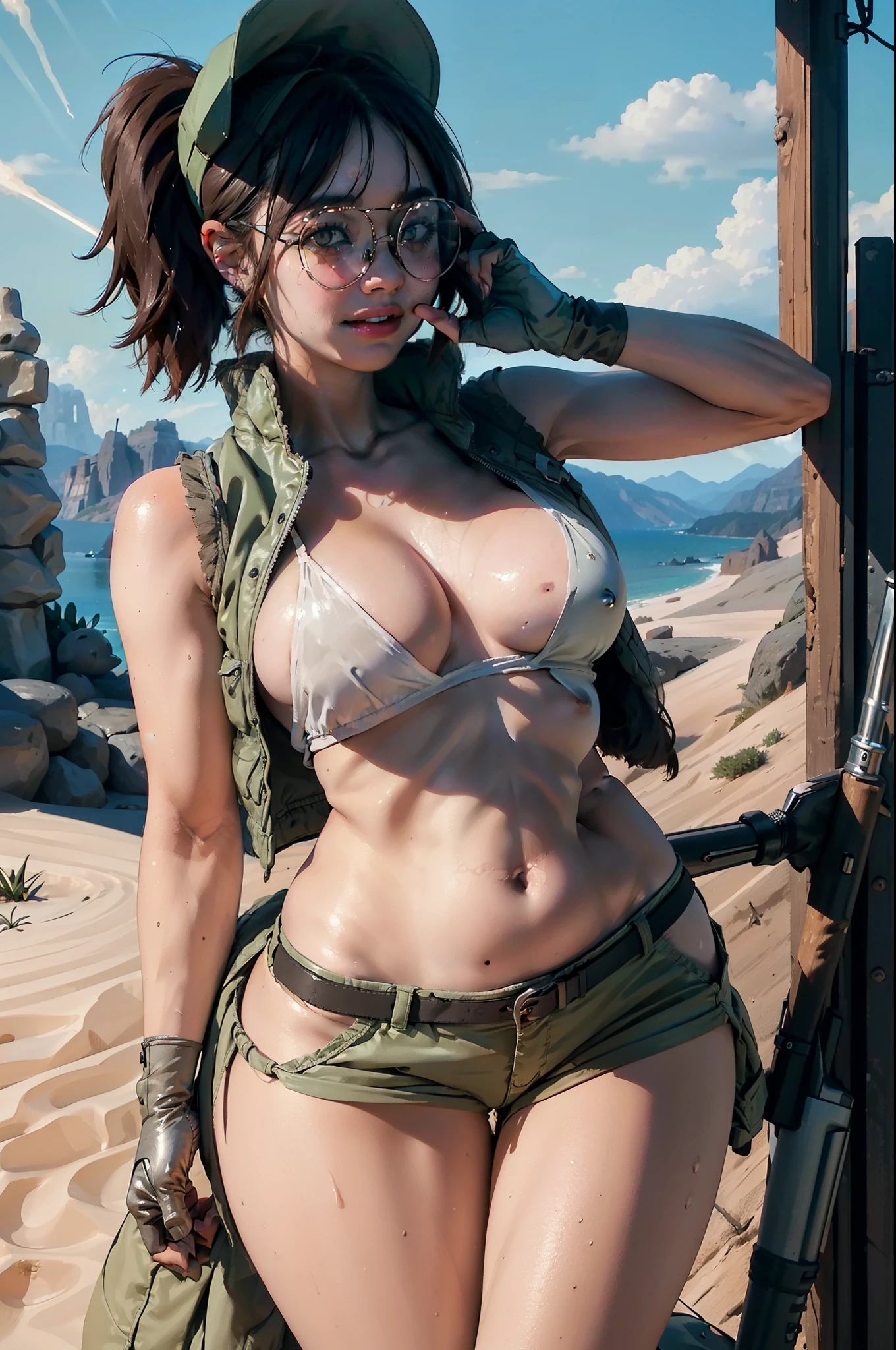 (FioGermiWaifu:1), 1girl, curvy, (shorts, crop top, gloves, round eyewear, vest, baseball cap), looking at viewer, cute pose, smile, desert background, :D, (masterpiece:1.2), (best quality, highest quality), (ultra detailed), (8k, 4k, intricate),(full-body-shot:1),(Cowboy-shot:1.2), (50mm), (highly detailed:1.2),(detailed face:1.2), detailed_eyes,(gradients),(ambient light:1.3),(cinematic composition:1.3),(HDR:1),Accent Lighting,extremely detailed CG unity 8k wallpaper,original, highres,(perfect_anatomy:1.2), solo, wide shot, nsfw, (detailed ladscape, city, street:1.2),(detailed background),(dynamic_angle:1.2), (dynamic_pose:1.2), (rule of third_composition:1.3), (dynamic_perspective:1.2), (dynamic_Line_of_action:1.2),