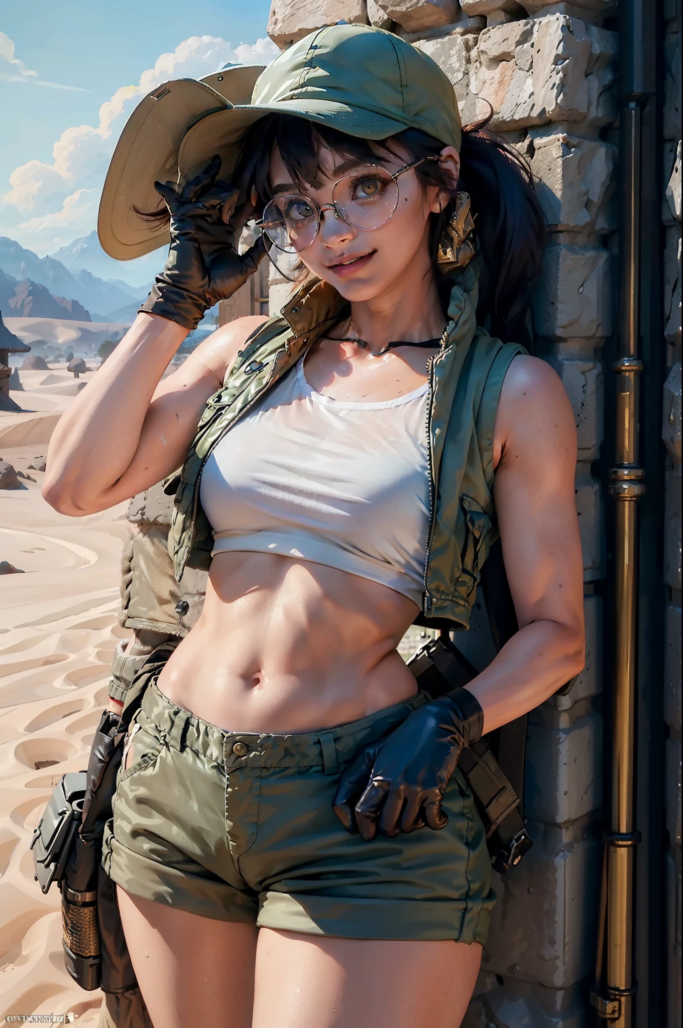 (FioGermiWaifu:1), 1girl, curvy, (shorts, crop top, gloves, round eyewear, vest, baseball cap), looking at viewer, cute pose, smile, desert background, :D, (masterpiece:1.2), (best quality, highest quality), (ultra detailed), (8k, 4k, intricate),(full-body-shot:1),(Cowboy-shot:1.2), (50mm), (highly detailed:1.2),(detailed face:1.2), detailed_eyes,(gradients),(ambient light:1.3),(cinematic composition:1.3),(HDR:1),Accent Lighting,extremely detailed CG unity 8k wallpaper,original, highres,(perfect_anatomy:1.2), solo, wide shot, nsfw, (detailed ladscape, city, street:1.2),(detailed background),(dynamic_angle:1.2), (dynamic_pose:1.2), (rule of third_composition:1.3), (dynamic_perspective:1.2), (dynamic_Line_of_action:1.2),