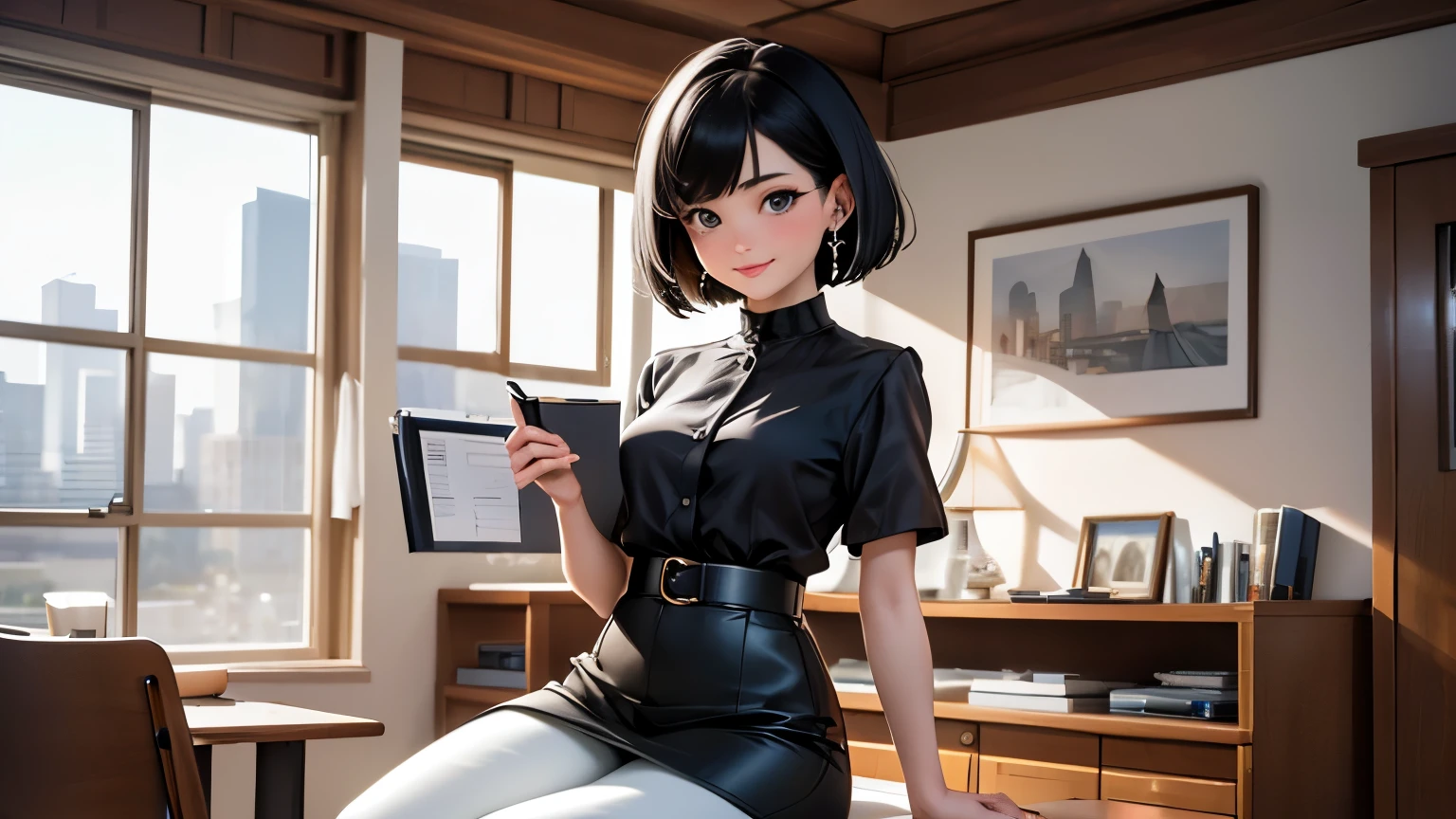 #6-4 A 25 years old caucasian woman with a cheerful smiling, sporting a black bob haircut, dressed in a short-sleeved, formal blouse paired with tailored trousers and high heels, small and discreet earrings complementing her small nose with a notebook and pen for sketching, sits comfortably in a space she's designed for quiet reflection and boredom-induced creativity,. The scene encapsulates the message of finding power in boredom and the joy of a well-disciplined mind, surrounded by symbols of her new priorities and the tranquility that comes with embracing solitude and less stimulating activities.