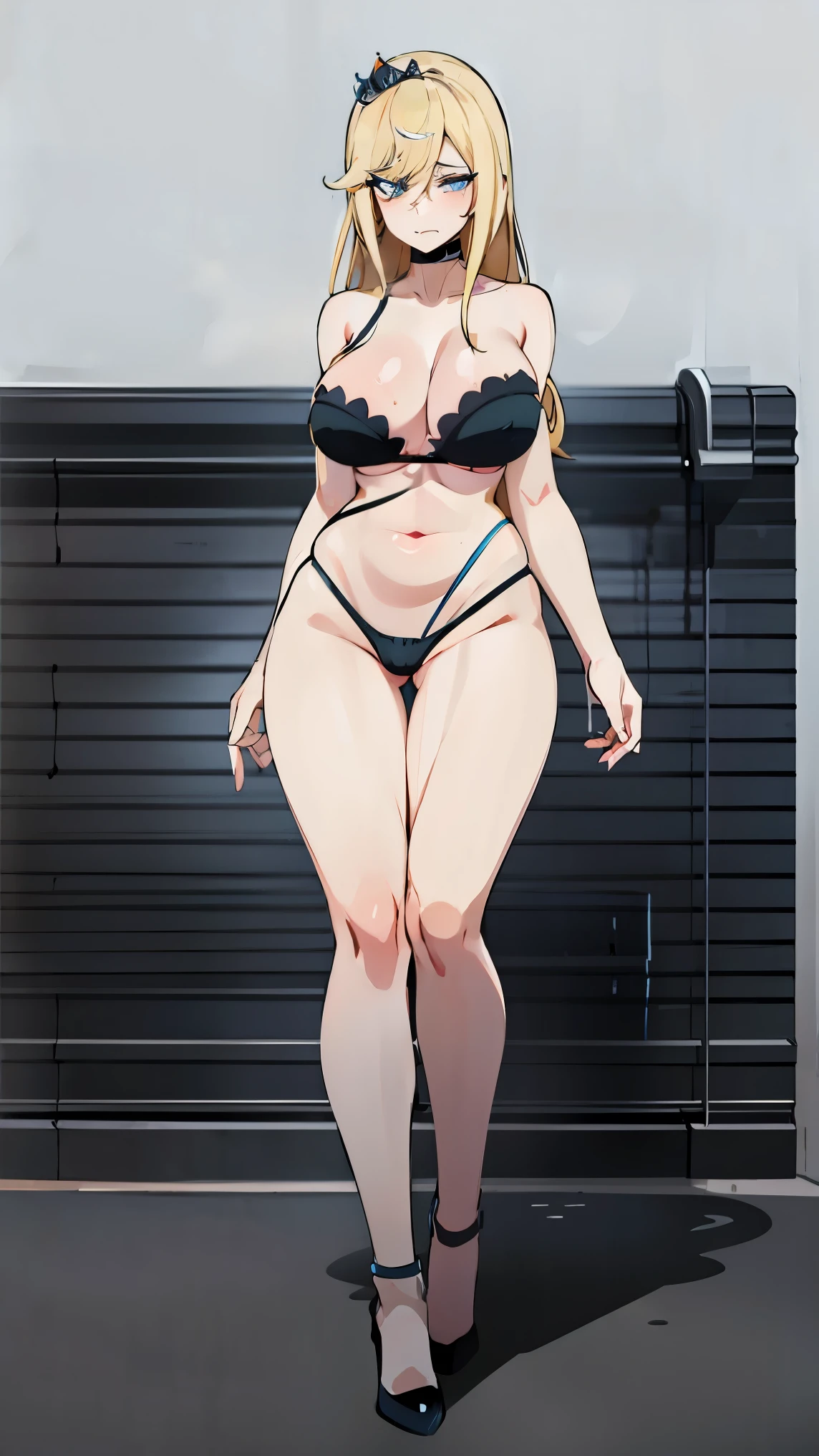 Blonde hair, 1 woman, sexy, Blue eyes, long hair, 2D, sensualizing, Crown on head, bikini black, Thick lines, long fishnet socks, adult animation with cell shadow, flat anime style shading, sketchy art style, Showing breasts, Perverted face, Showing curves, large curves, Black choker