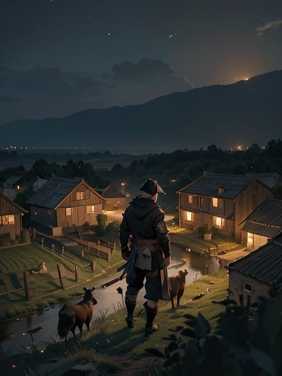 Cartoon style pictures ,(Europe),(Shooting from above),man,midnight,Overall black tone,farmer装束,rags, Medieval dilapidated countryside village,farmland,river,torch,horse,farmer,Chicken and duck,sheep,ox,companion,Soldier,laboeld,farming,(Hood,In the shadows,Faceless,健壮的man, strong, shabby),dynamic poses, ((Turn your back to the camera,look into the distance,not looking at camera)),