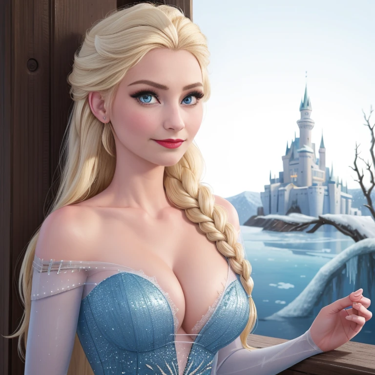 (masterpiece, best quality:1.2), Elsa, 1girl, solo, looking at viewer, blue dress, from frozen, cleavage, long white hair, blue skirt, blue eyes, sexy smirk, frozen castle, 