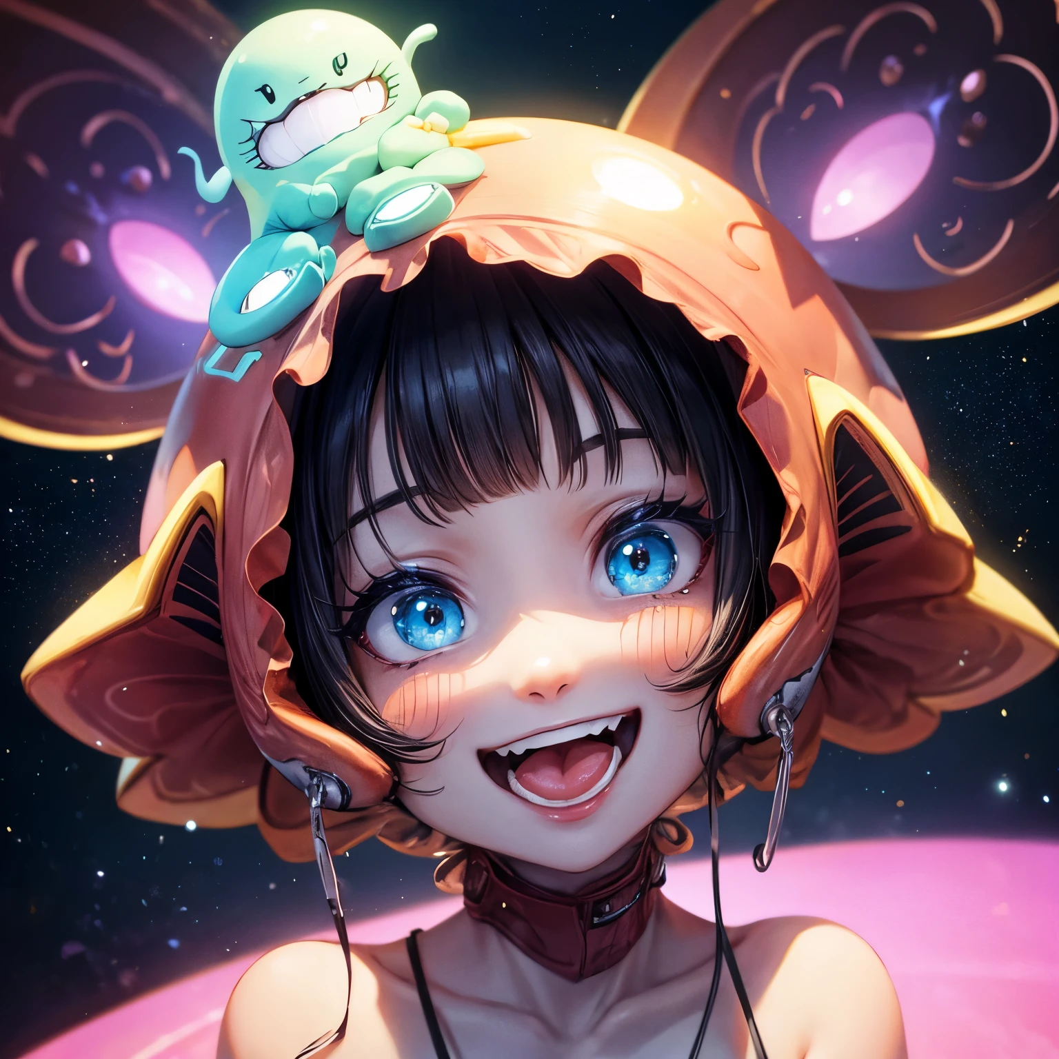 Alien cat face high-quality picture, smiling, showing tongue!