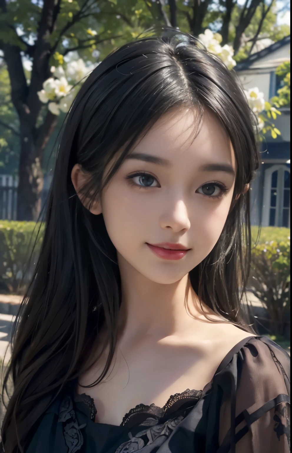 (ultra realistic) , (illustration), (increase resolution), (8K), (extremely detailed), (best illustration), (beautiful detailed eyes), (best quality), (ultra-detailed), (masterpiece), (wallpaper), (detailed face), solo,1 girl, looking at viewers, black straight hair, delicate details, in the dark, deep shadow, low key, pureerosfaceace_v1, happy smile, dark summer dress, full body, garden