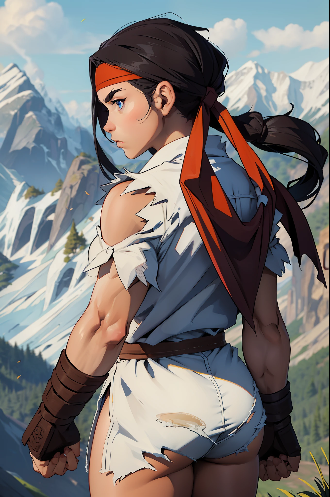 (from behind), (masterpiece, best quality:1.2), expressive eyes, perfect face, highres, 1girl, solo, ryu \(sf\), (female:1.5), black hair, long hair, dougi, fingerless gloves, headband, no pants, standing, cowboy shot, looking at the viewer