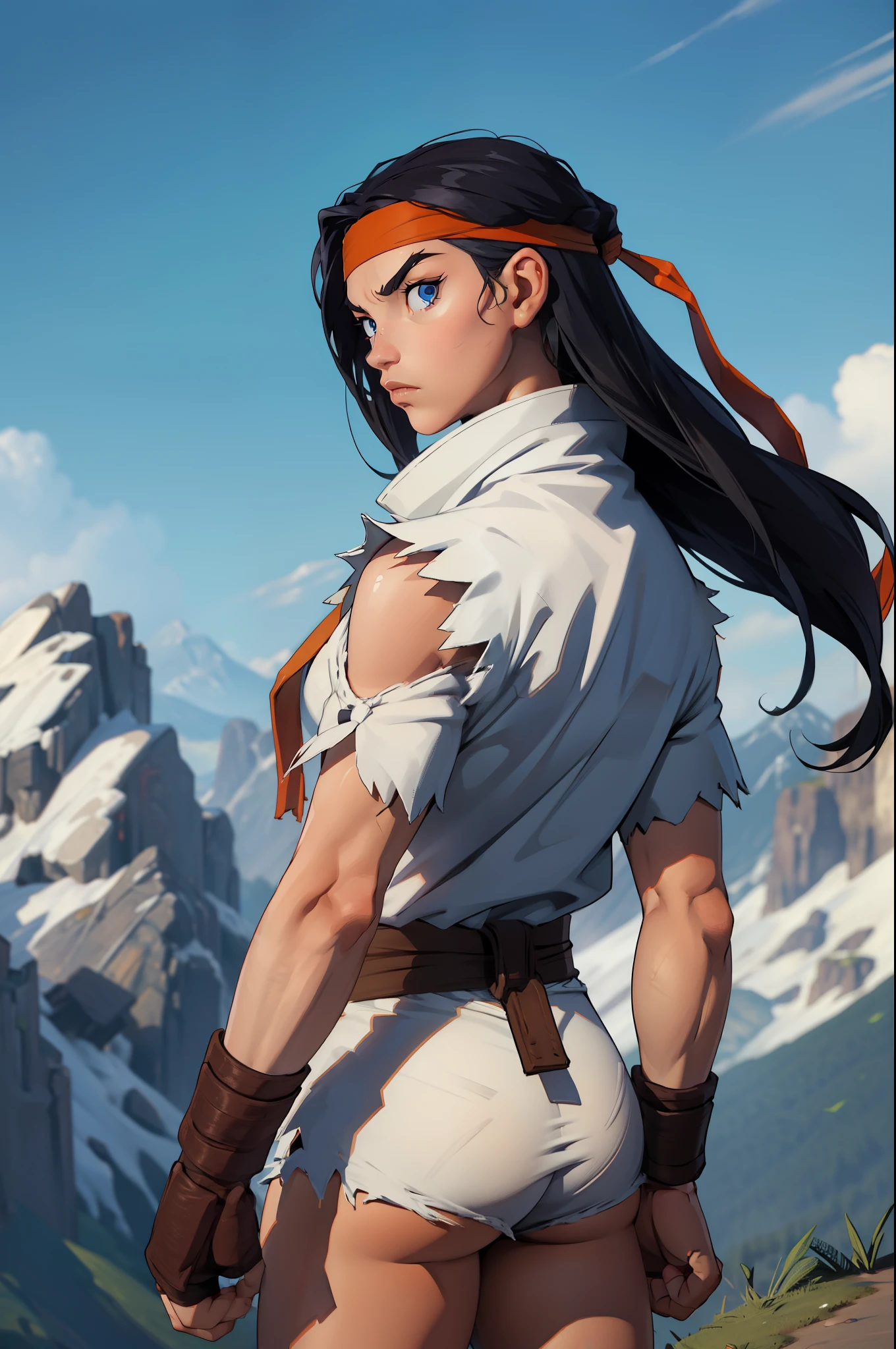 (from behind), (masterpiece, best quality:1.2), expressive eyes, perfect face, highres, 1girl, solo, ryu \(sf\), (female:1.5), black hair, long hair, dougi, fingerless gloves, headband, no pants, standing, cowboy shot, looking at the viewer