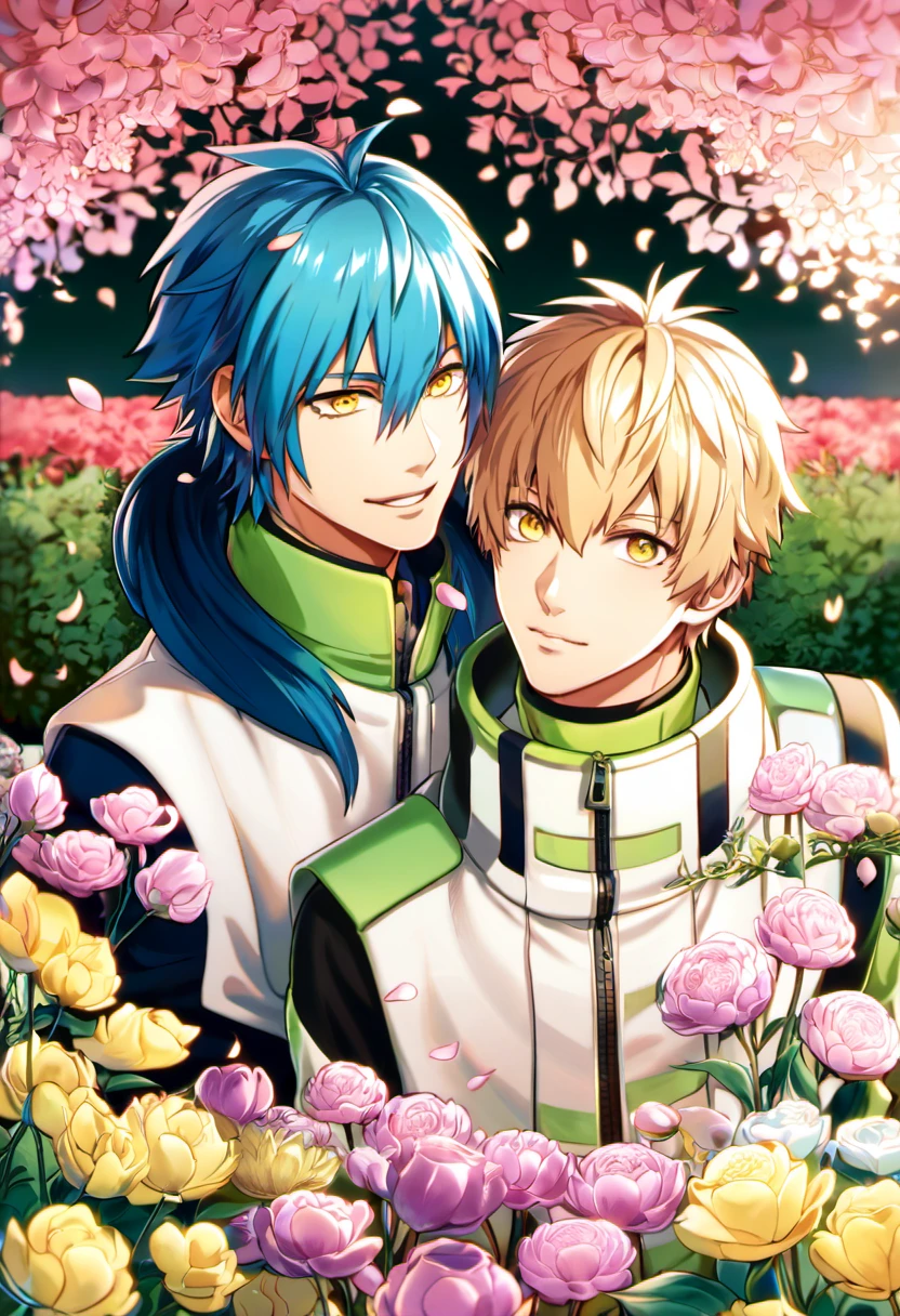 absurdres, highres, ultra detailed, HDR, masterpiece, Noiz, short blond hair, expressive golden eyes, Dramatical Murder, Seragaki Aoba, blue hair, expressive golden eyes, 2men together, gay couple, handsome, petals, garden