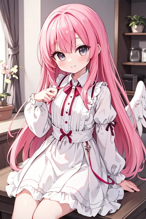 (Best quality, 8k, 32k, Masterpiece, UHD):1.2, Angel pink hair long hair 20-yaer-old medium chest tunic dress
