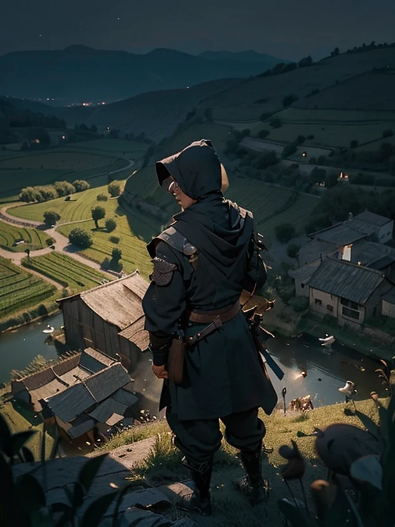 Cartoon style pictures ,(Europe),(Shooting from above),man,midnight,Overall black tone,farmer装束,rags, Medieval dilapidated countryside village,farmland,river,torch,horse,farmer,Chicken and duck,sheep,ox,companion,Soldier,laboeld,farming,(Hood,Wear a hood,In the shadows,Faceless,健壮的man, strong, shabby),dynamic poses, ((Turn your back to the camera,look into the distance,not looking at camera)),