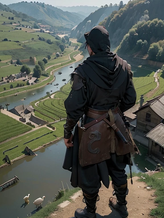  Cartoon style pictures ，(Europe)，（Shooting from above），man,midnight，Overall black tone，farmer装束，rags， Medieval dilapidated countryside village，farmland，river，torch，horse，farmer，Chicken and duck，sheep，ox，companion，Soldier，laboeld，farming，(Hood，Wear a hood，In the shadows，Faceless，健壮的man, strong, shabby),dynamic poses， ((Turn your back to the camera，look into the distance，not looking at camera)), 