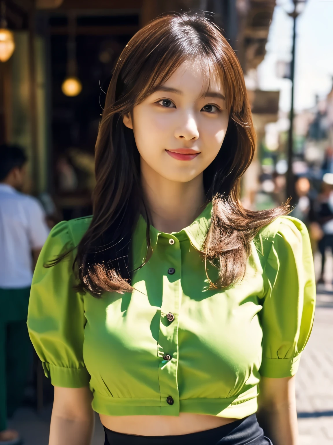 1 girl, (wearing a green blouse:1.2), black short skirt, Beautiful Japanese actress, (RAW photo, highest quality), (realistic, Photoreal:1.4), masterpiece, very delicate and beautiful, very detailed, 2K wallpaper, wonderful, finely, very detailed CG Unity 8k wallpaper, Super detailed, High resolution, soft light, beautiful detailed girl, very detailed目と顔, beautifully detailed nose, beautiful and detailed eyes, Long wave hair, cinematic lighting, break, (Against the backdrop of a outside the cafe terrace 1.3), city lights, perfect anatomy, slender body, smile, Face the front completely, (waist shot), (emphasize big breasts), (Random body direction),