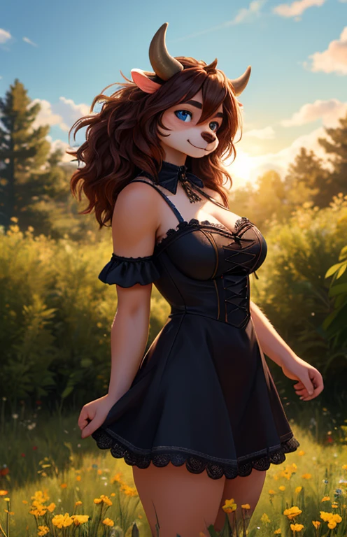 (furry) (cow girl) (best quality, 4k, 8k, highres, masterpiece:1.2), ultra-detailed,(realistic, photorealistic, photo-realistic:1.37), best quality, masterpiece, highres (Even in a dress, the backlight makes your body silhouette stand out.), background outdoors, Raw photo, Best Quality, master piece, high resolution, detailed, (Photorealsitic:1.4), Well-defined contours, beautiful 18 year old girl, Beautiful perfect face, (gently smiling:1.2), perfect bodies, perfect arms, Perfect fingers, perfect leg, perfect hair, pores, Realistic skin texture, full body Shot, from below view, full body portrait, curvaceous, plus size girl, thick, big breasts