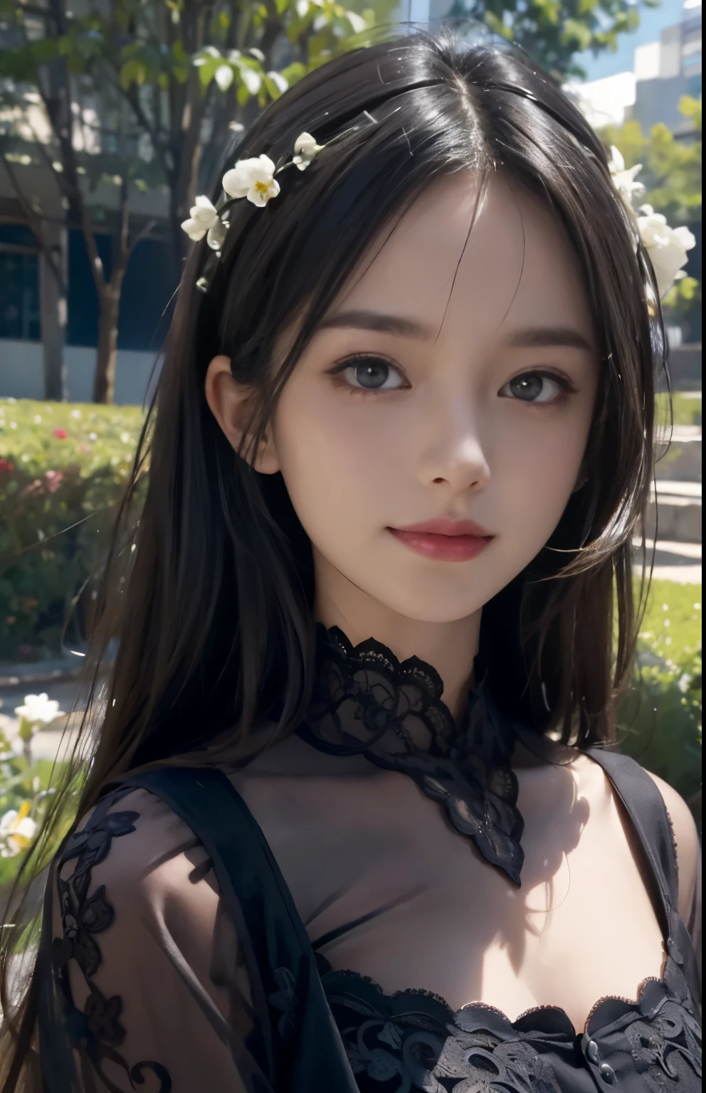 (ultra realistic) , (illustration), (increase resolution), (8K), (extremely detailed), (best illustration), (beautiful detailed eyes), (best quality), (ultra-detailed), (masterpiece), (wallpaper), (detailed face), solo,1 girl, looking at viewers, black straight hair, delicate details, in the dark, deep shadow, low key, pureerosfaceace_v1, happy smile, dark summer dress, full body, garden