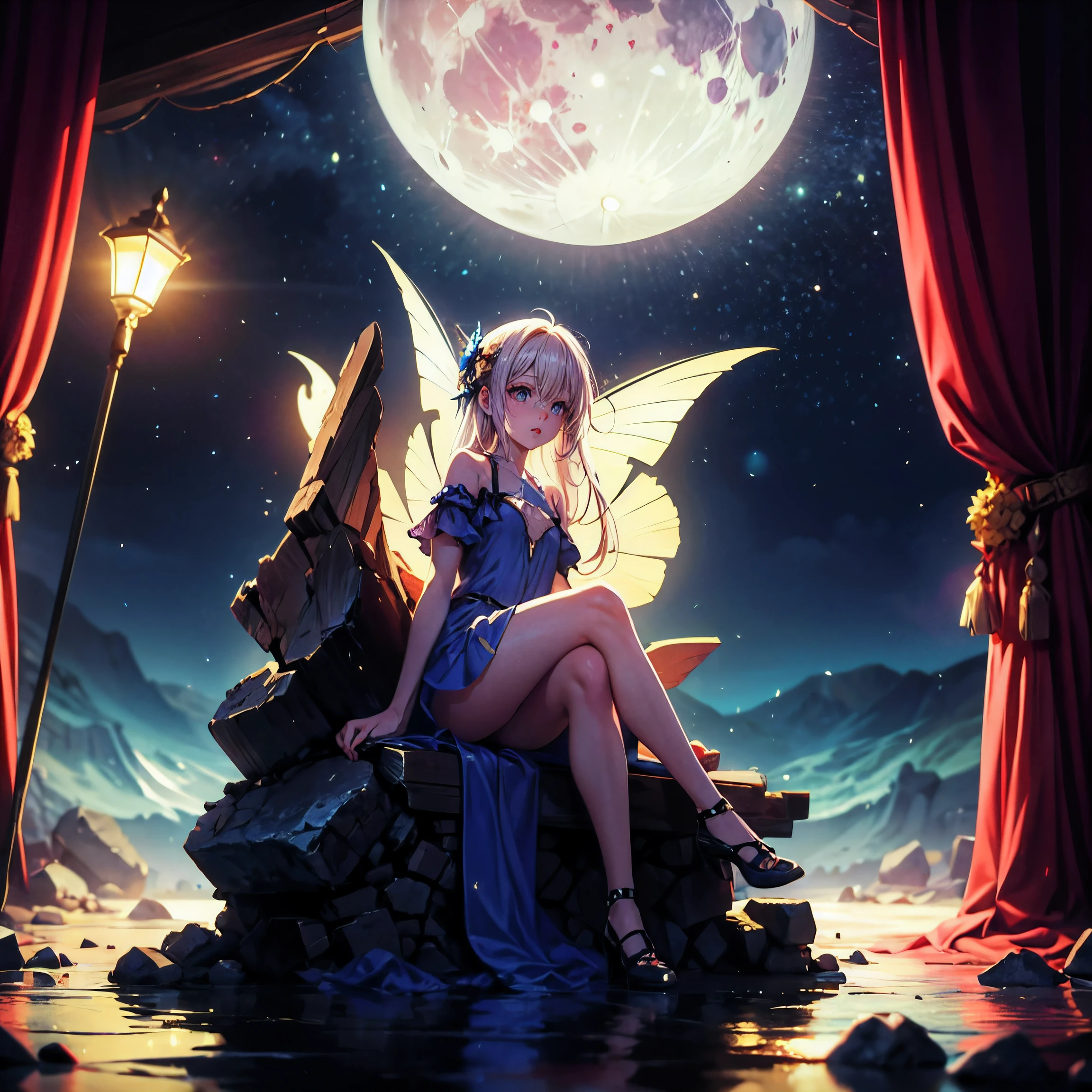 (masterpiece,best quality,ultra-detailed), CG, award winning, ccurate, UHD, textured skin, chromatic aberration, perfect anatomy, Fujicolor, fantasy, 1 young nymph sitting aside stream near the ruin, at night, fantastical starry sky, small breasts, short body, red semi-long hair, innocent gold eyes, wearing graceful azure dress, resting, light particles, moon light, illusory scene