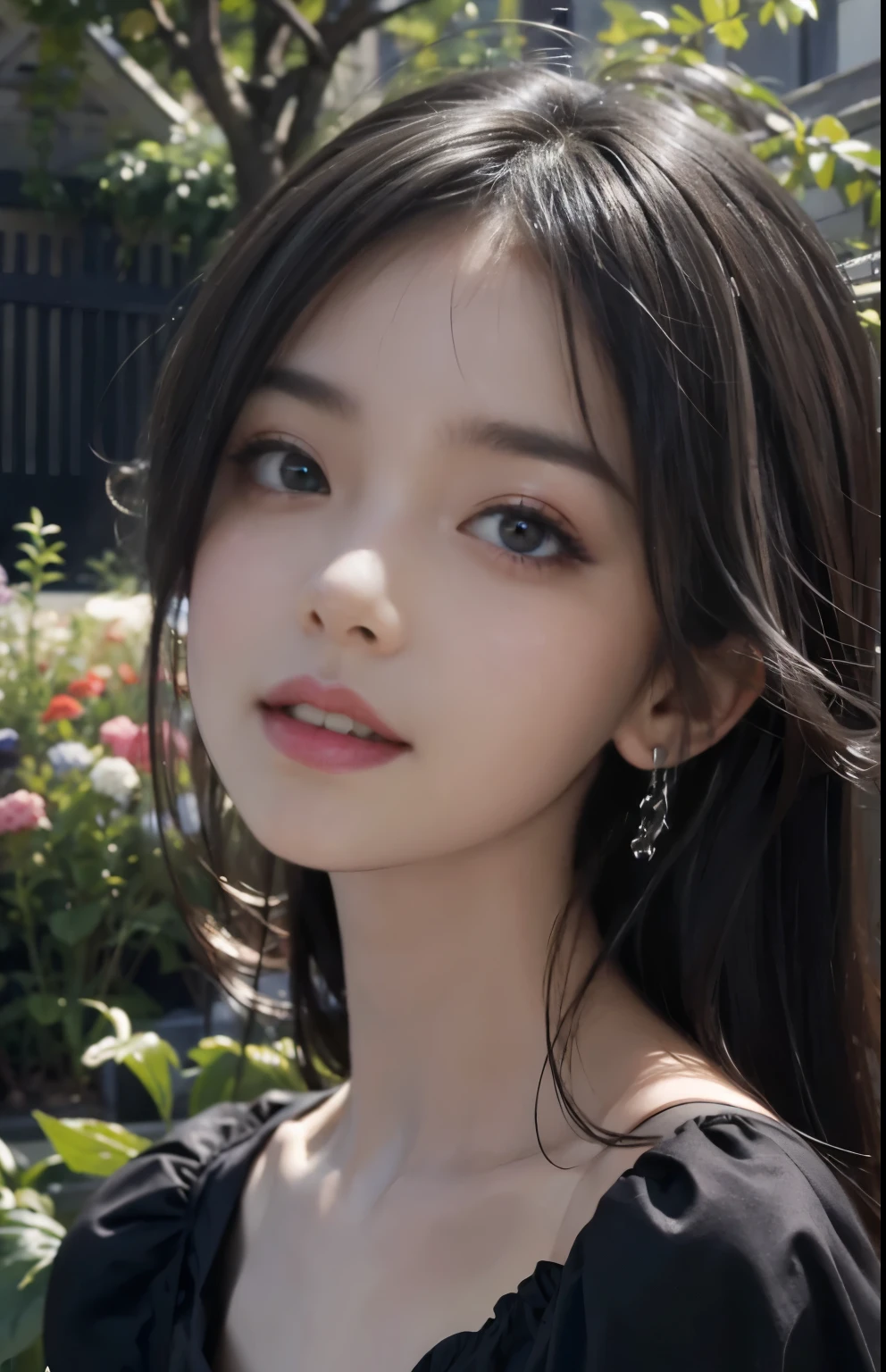 (ultra realistic) , (illustration), (increase resolution), (8K), (extremely detailed), (best illustration), (beautiful detailed eyes), (best quality), (ultra-detailed), (masterpiece), (wallpaper), (detailed face), solo,1 girl, looking at viewers, black straight hair, delicate details, in the dark, deep shadow, low key, pureerosfaceace_v1, happy smile, dark summer dress, full body, garden
