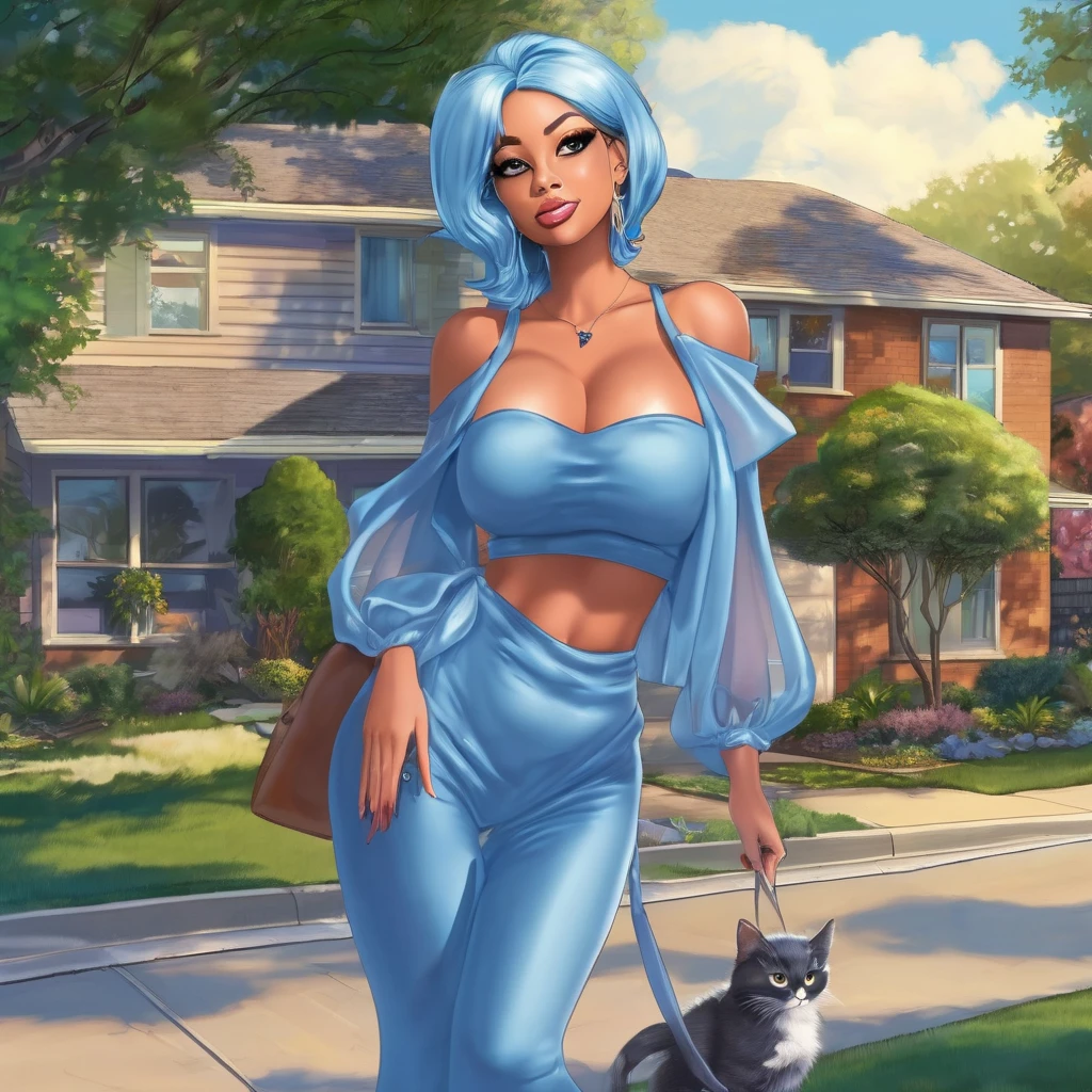 (bimbo) A lovely woman with giga breasts (barely dressed in sheer blue billowing outfit) is (flirty) walking her cat around her suburban neighborhood, neighbors drop what they are doing and stare